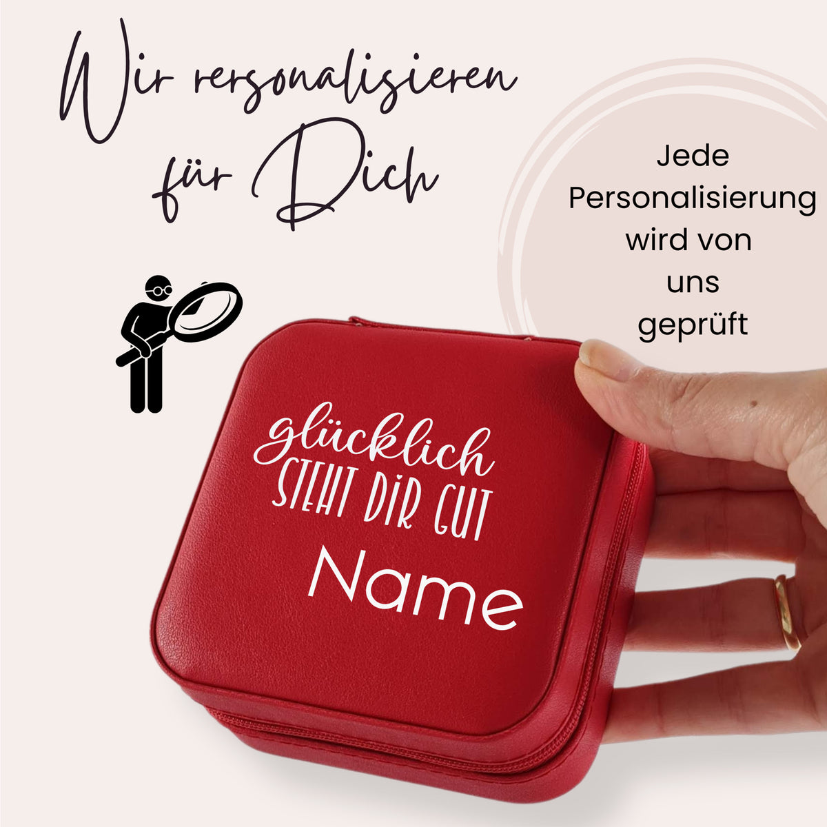 Rote personalisierte Box mit dem Text "glücklich steht dir cut Name".