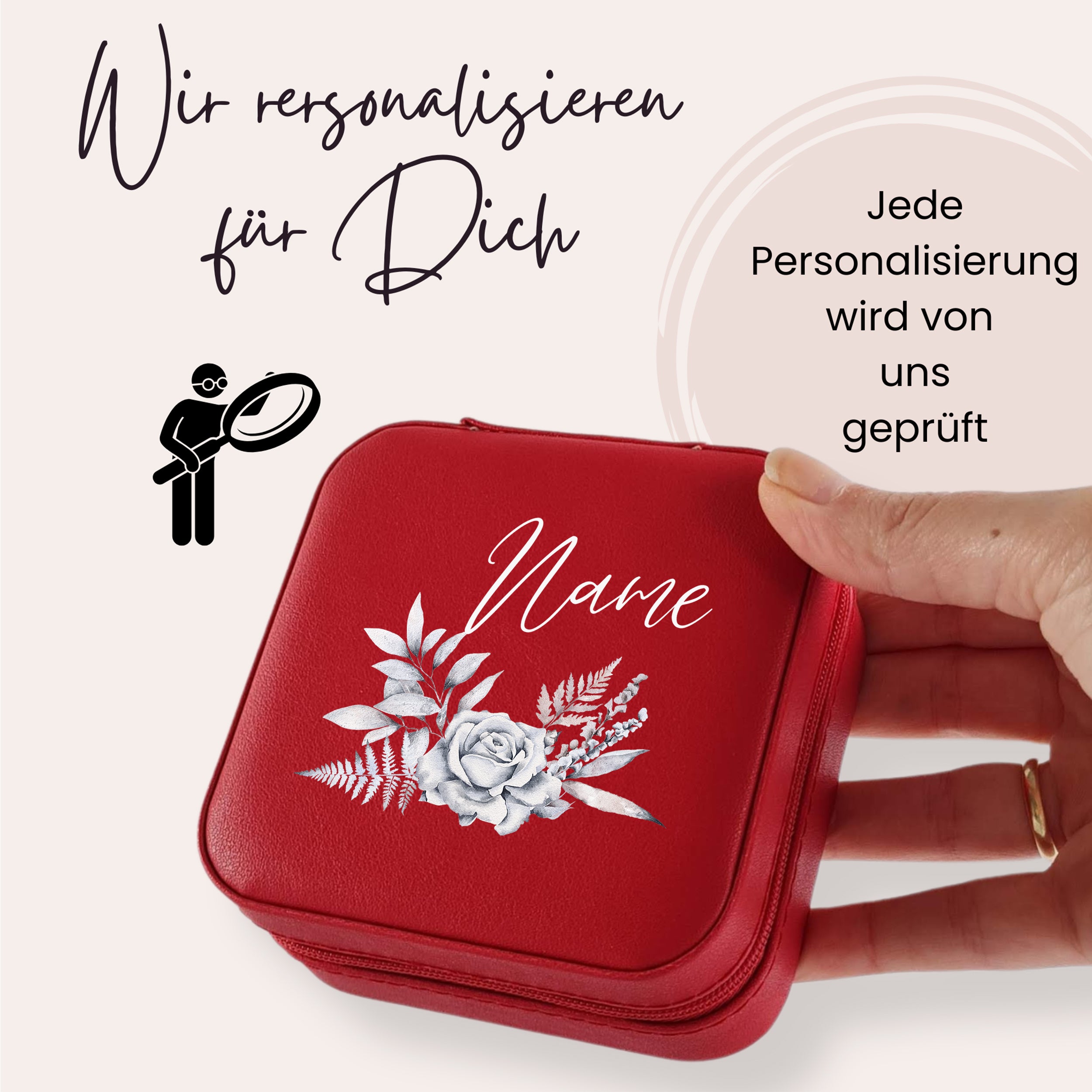 Rote personalisierte Schmuckbox mit floralem Design und Namen.