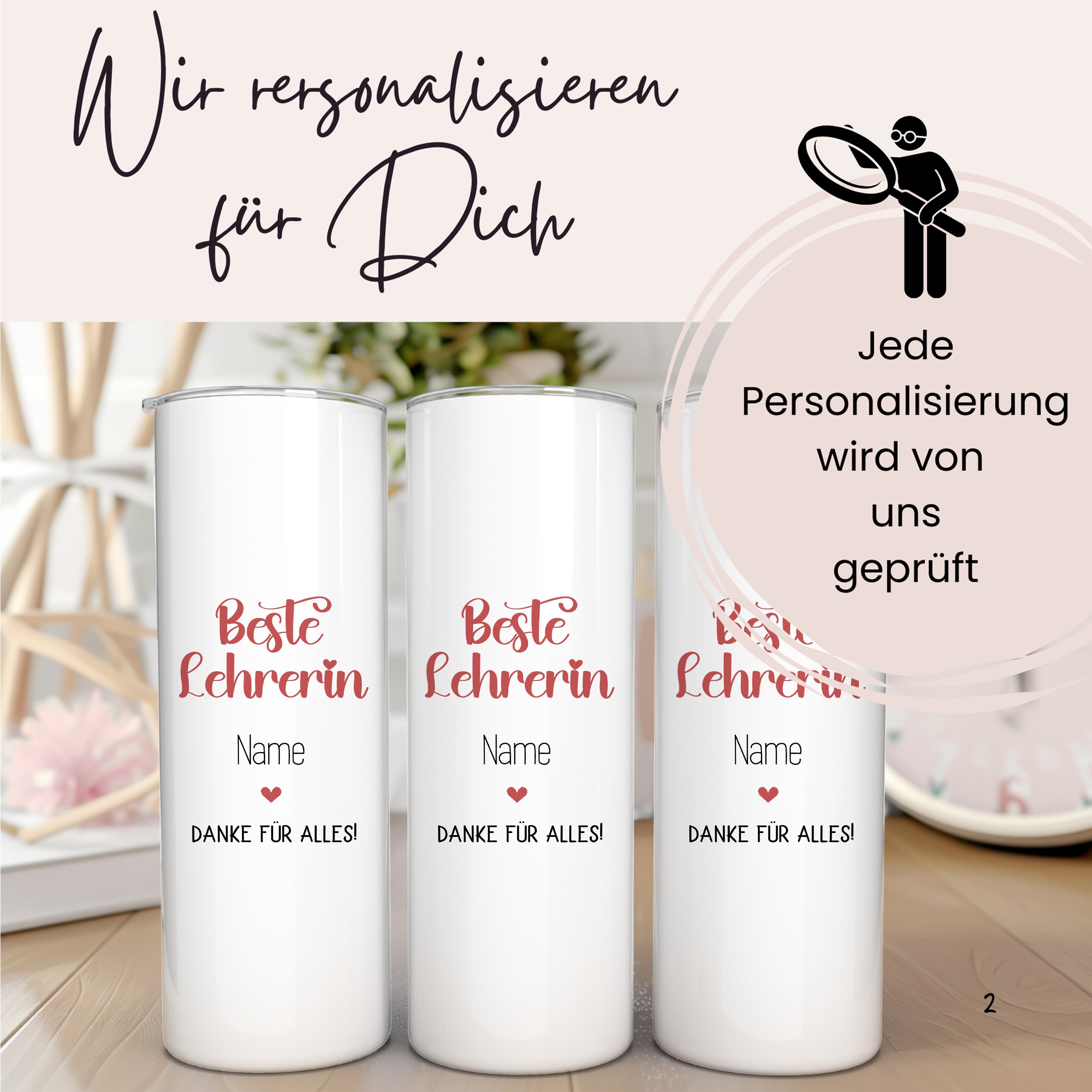 Personalisierbare Tassen für Lehrerinnen, weiß mit rotem Text.