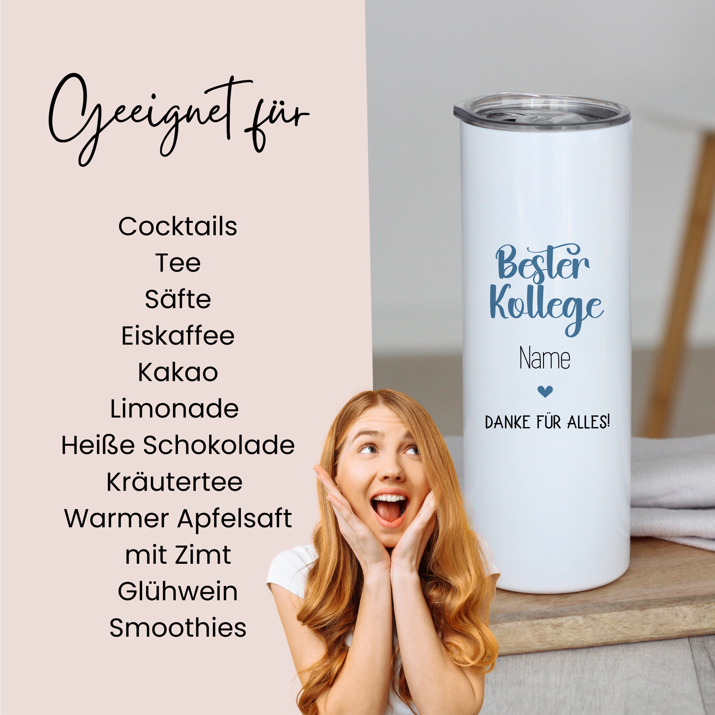 Weißer Thermobecher mit Aufschrift "Bester Kollege" und Herz.
