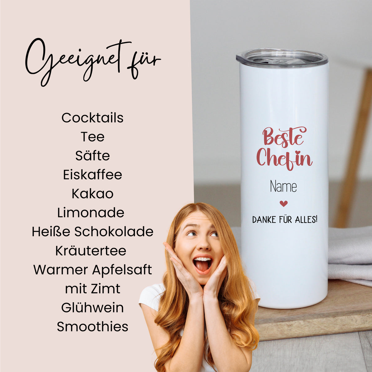 Weißer Becher mit rotem Text "Beste Chefin".