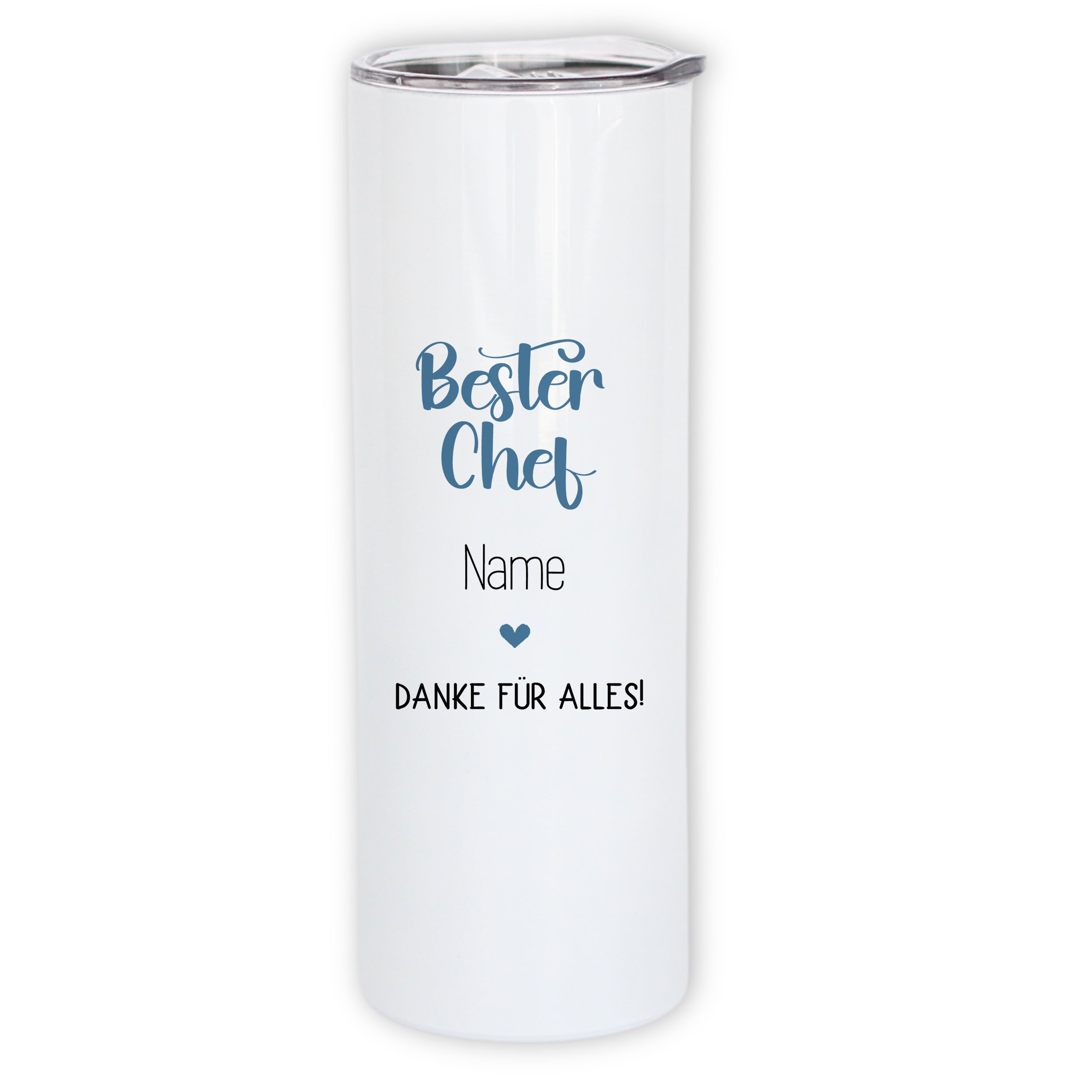 Weißer Becher mit blauem Text "Bester Chef" und "Danke für alles!"