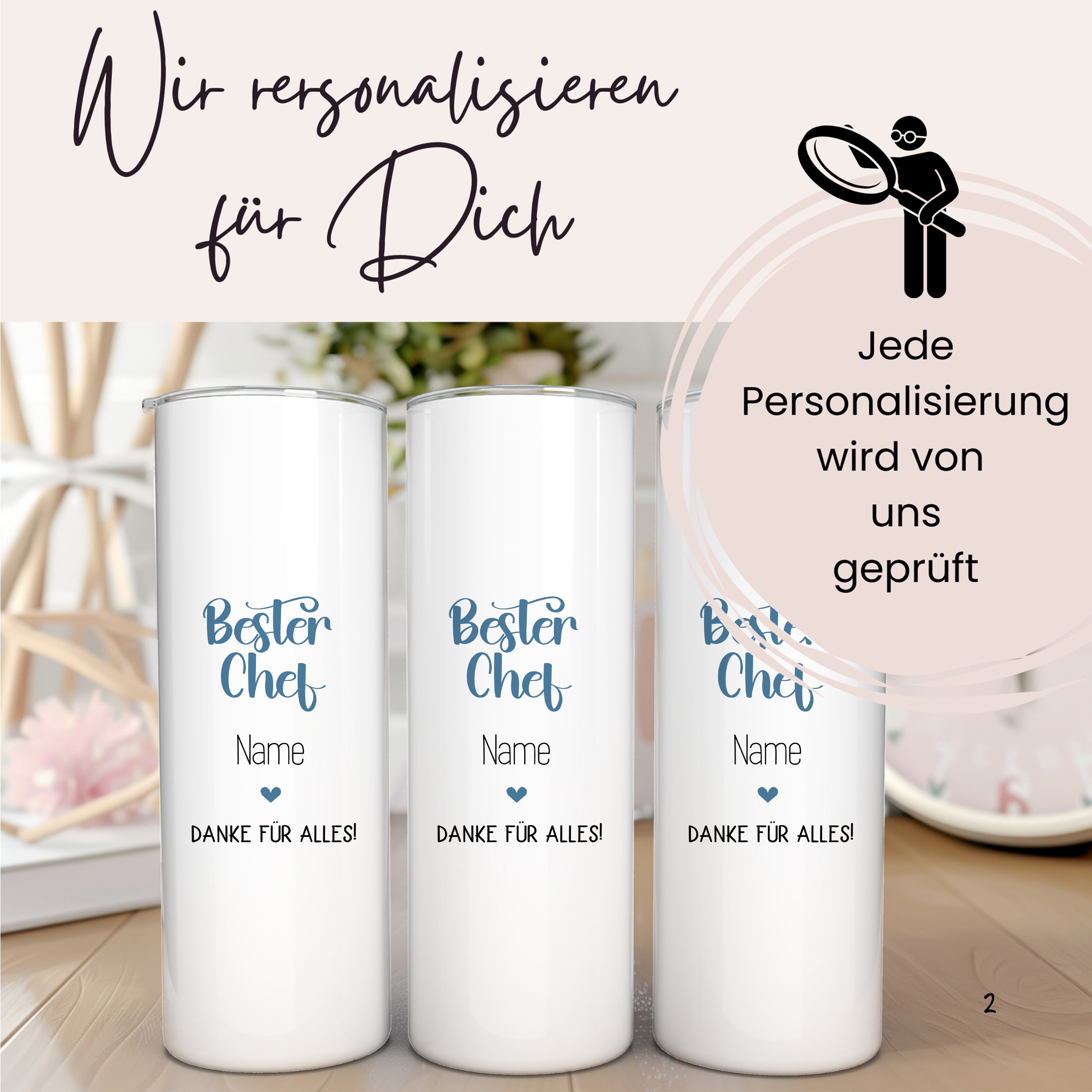 Personalisierte weiße Tassen mit "Bester Chef" und Herz.
