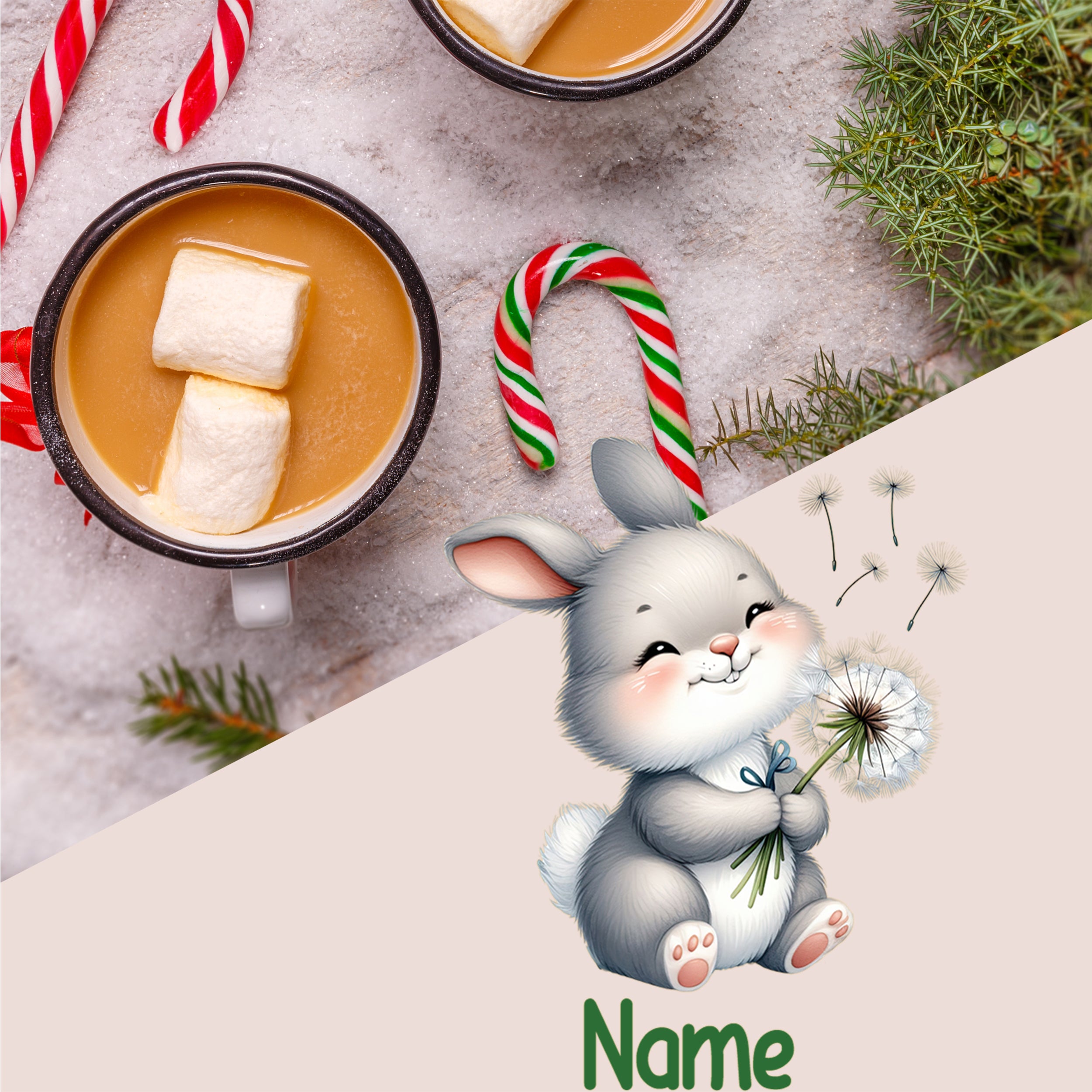 Kaffeetassen mit Marshmallows und niedlichem Hasen-Illustration.