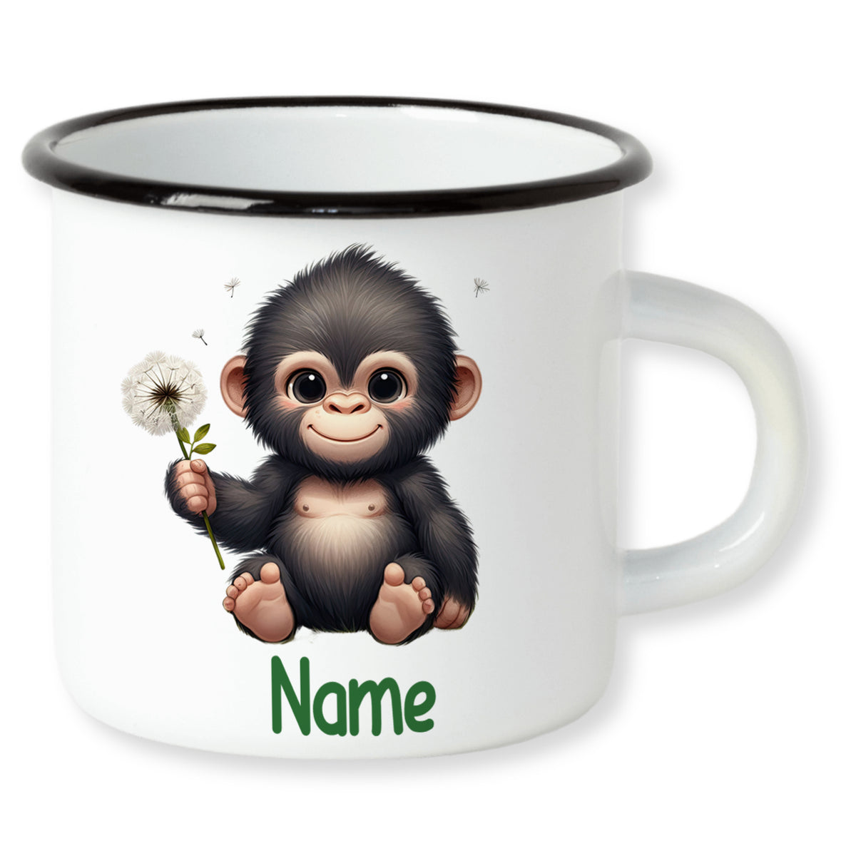 Tasse mit niedlichem Affen und Löwenzahn, personalisierbar.