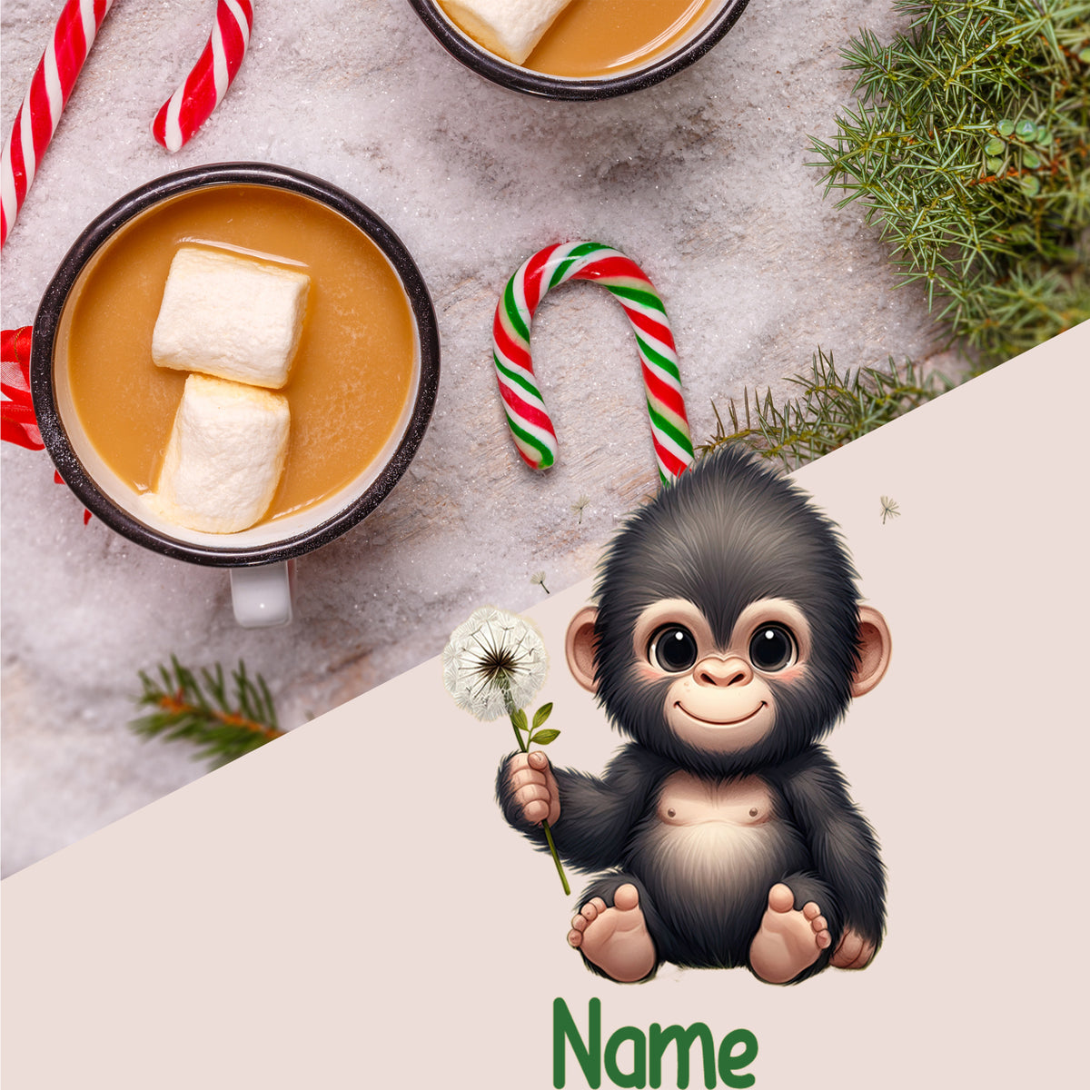Tasse mit heißem Getränk, Marshmallows und Zuckerstangen, niedlicher Affe.