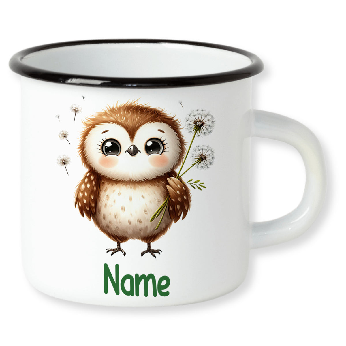 Weißer Becher mit Eule und Löwenzahn, personalisierbar.