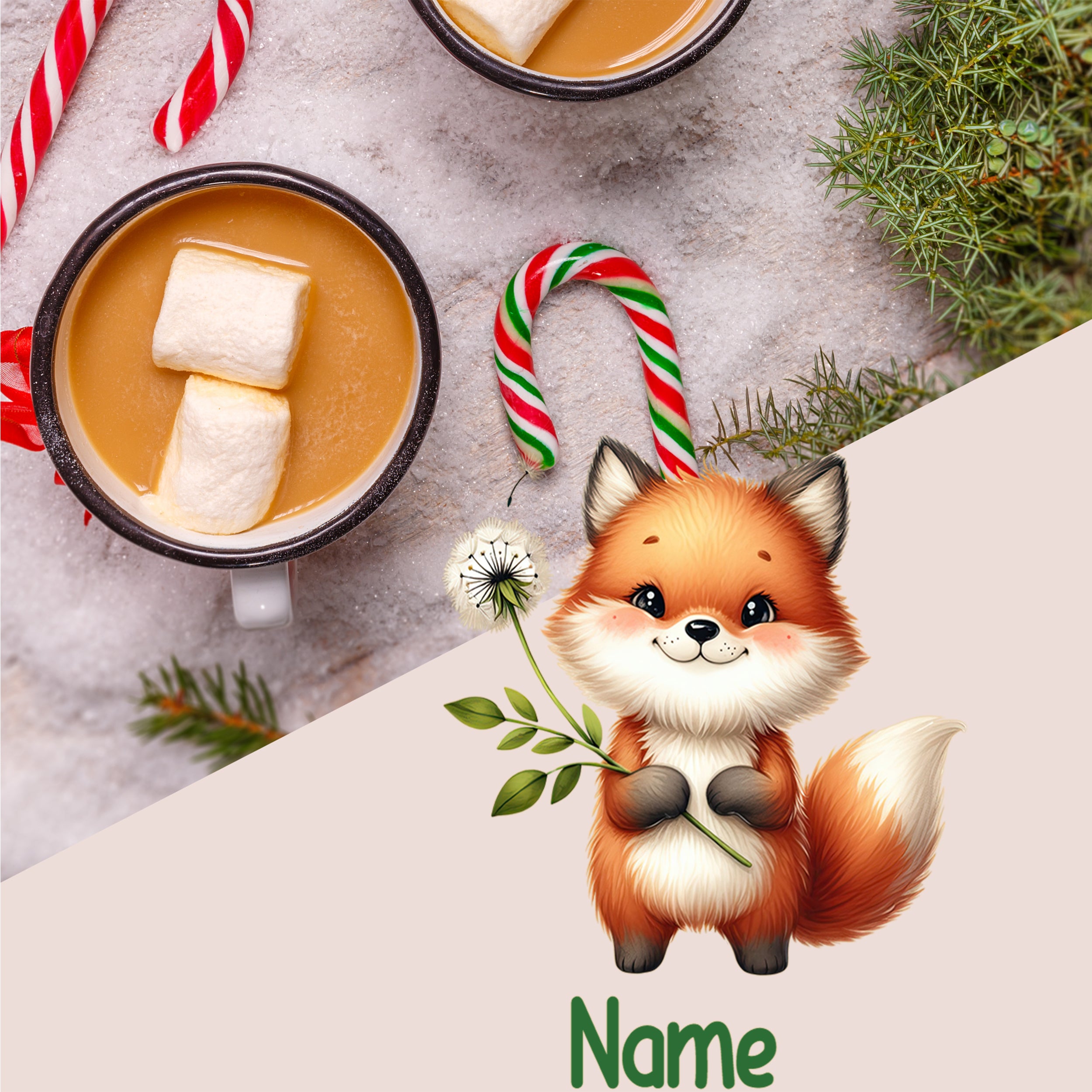 Tasse mit heißem Getränk, Marshmallows und niedlichem Fuchs.