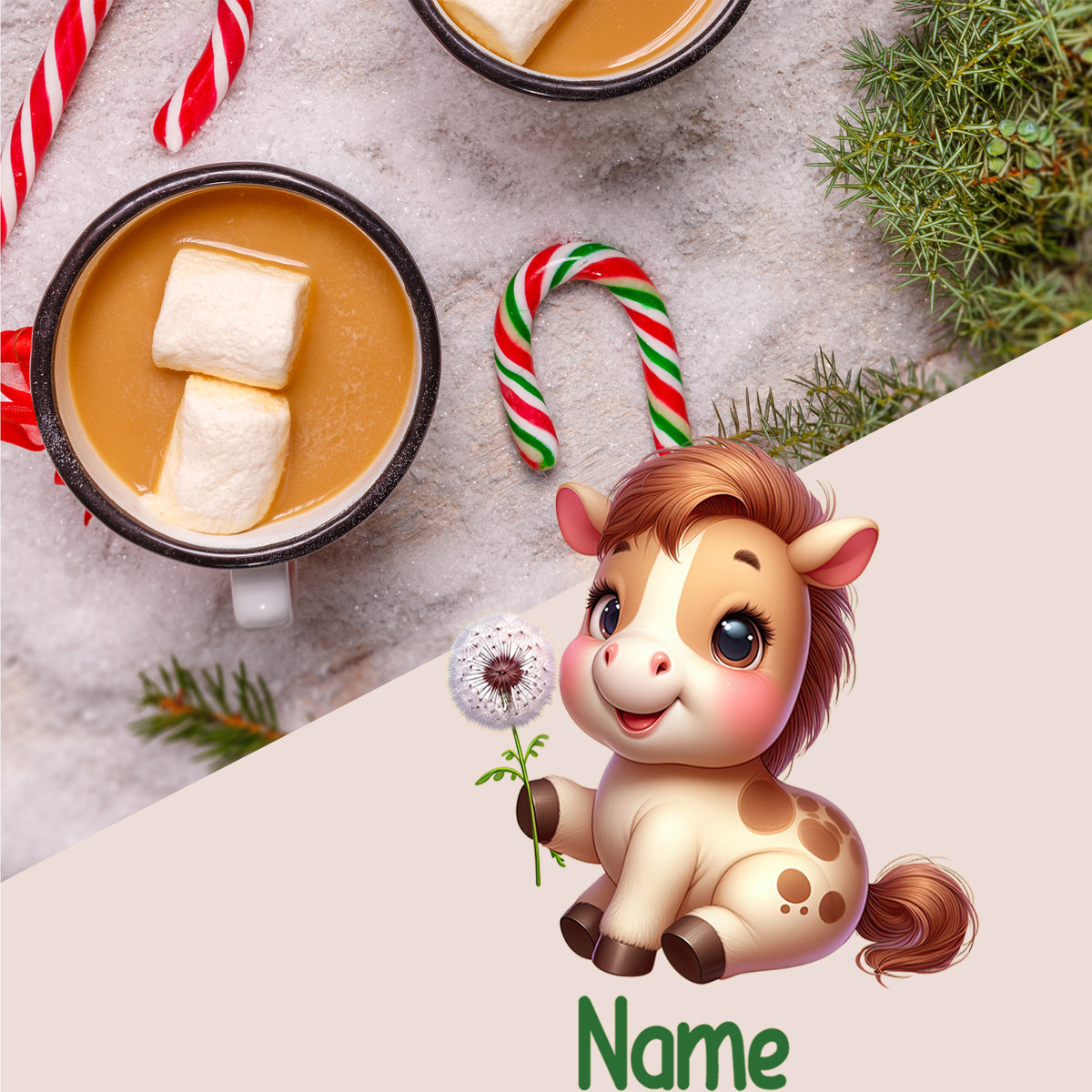 Kaffeetassen mit Schaum und Zuckerstangen, niedliches Pony-Design.