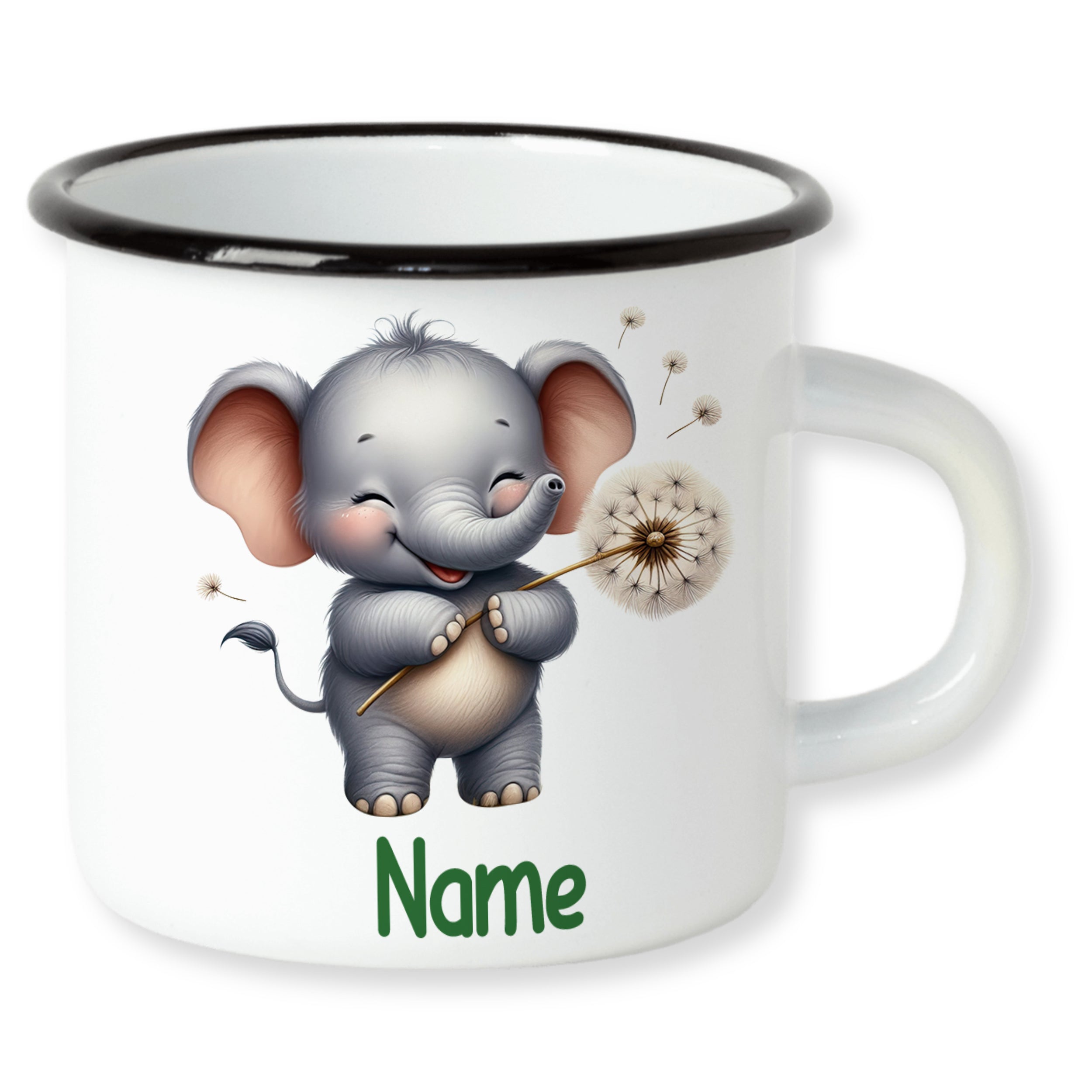 Weißer Emaillebecher mit grauem Elefanten und Name.