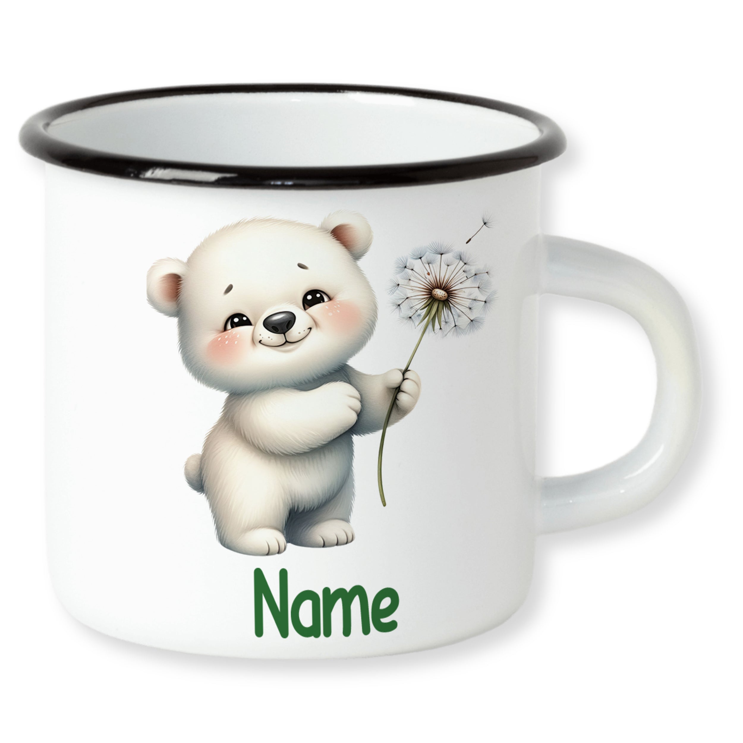 Weißer Emaillebecher mit niedlichem Bären und Pusteblume.