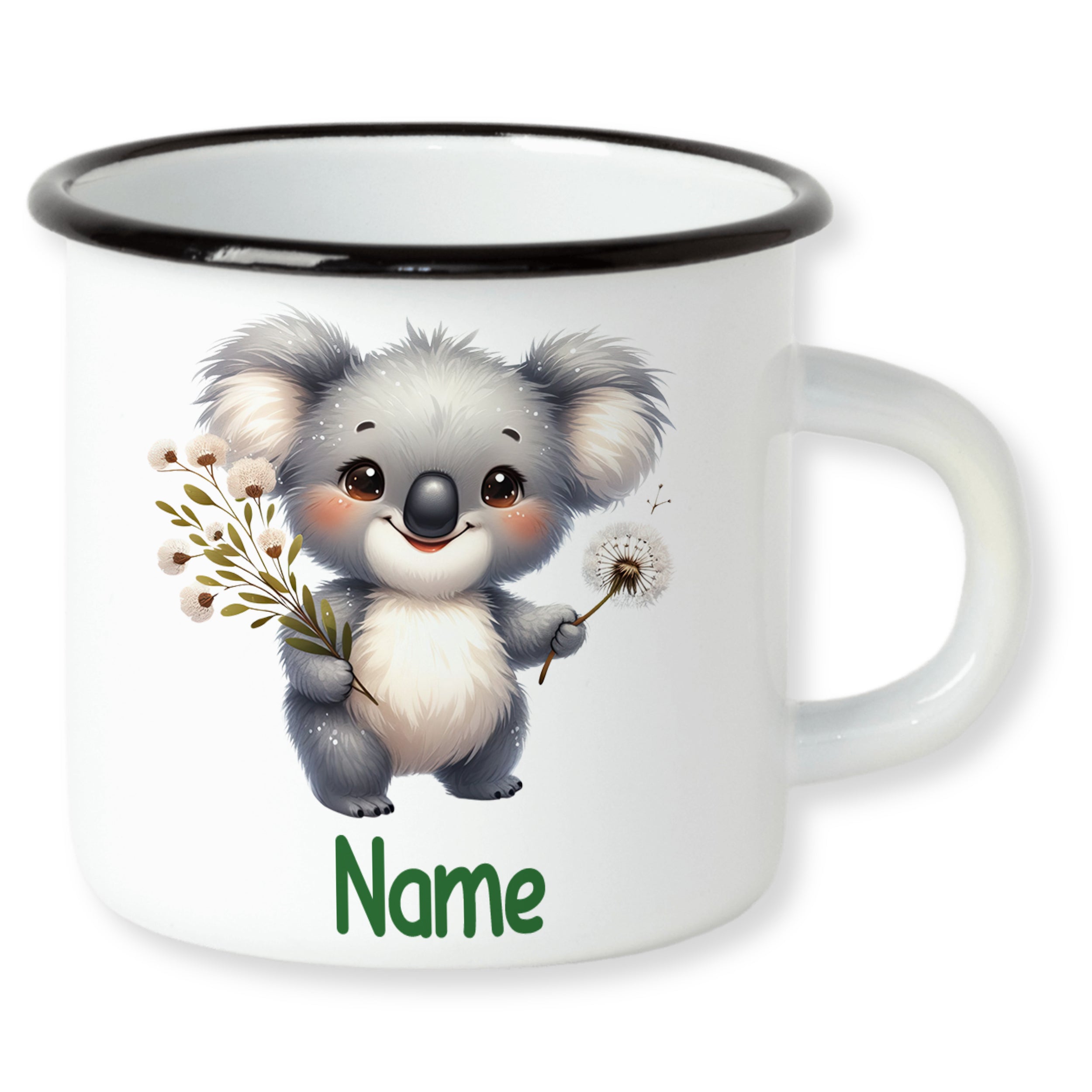Weißer Emaillebecher mit Koala-Motiv und grünem Namen.