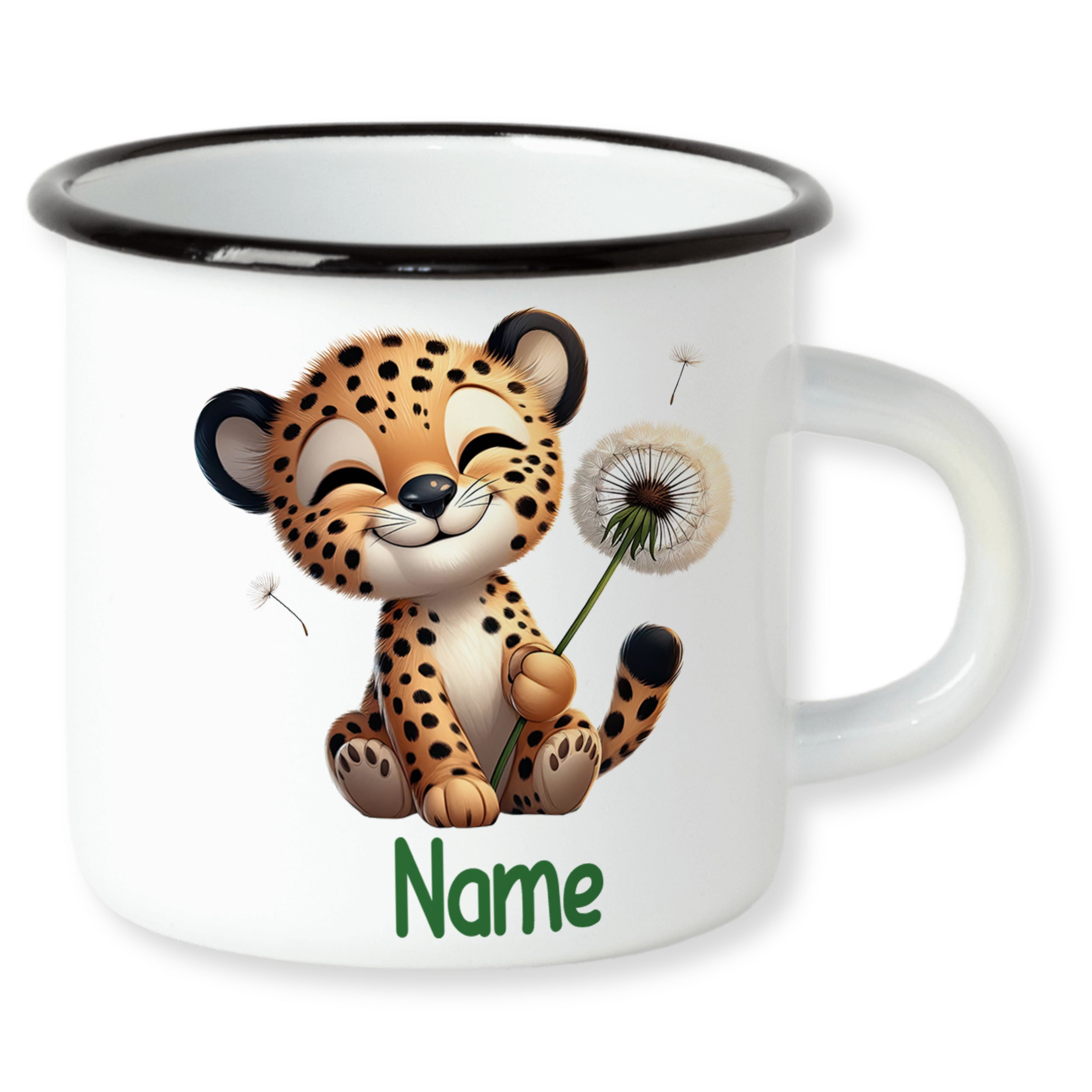 Tasse mit niedlichem Leoparden und Löwenzahn-Motiv.