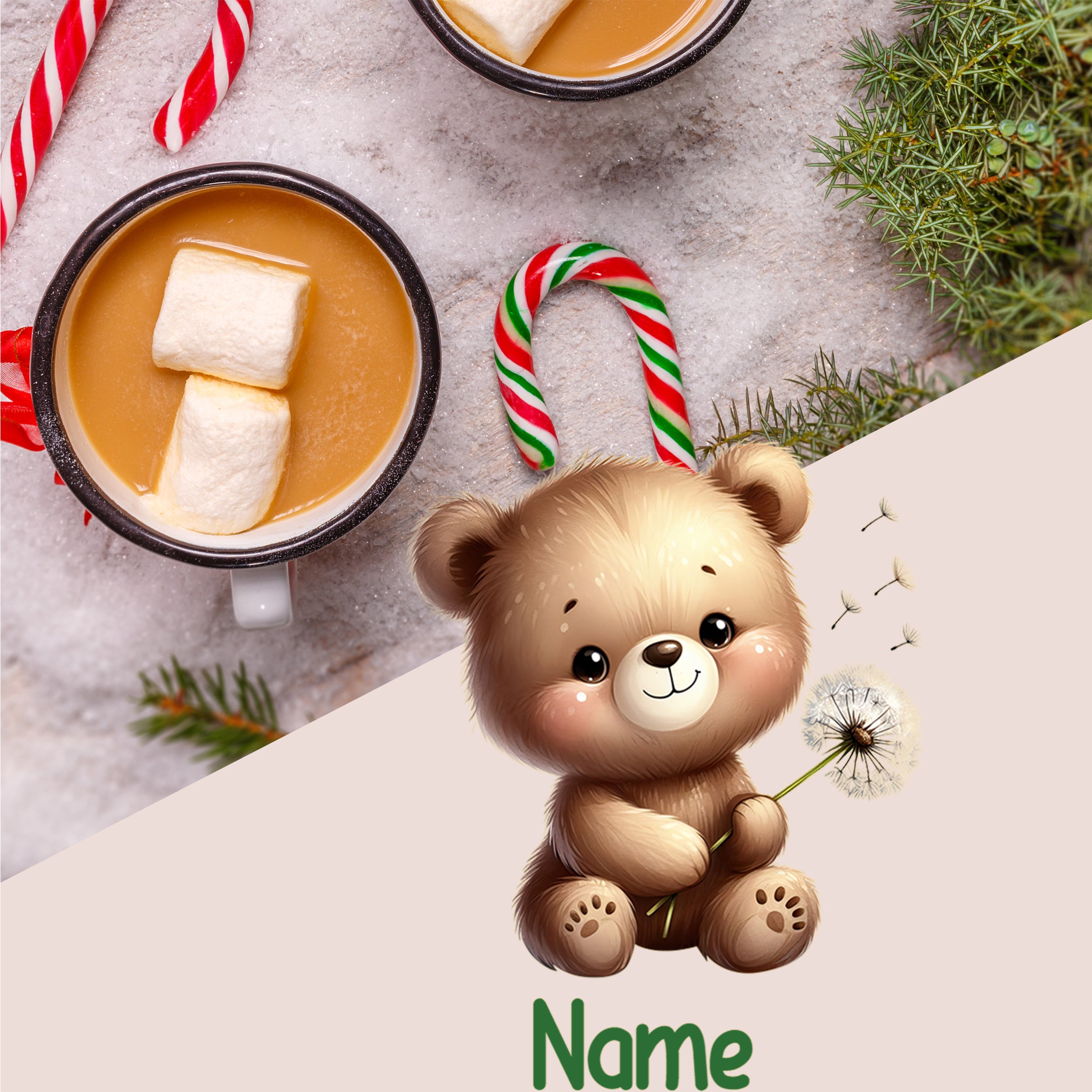 Kuscheliger Bär mit Löwenzahn, heiße Schokolade und Zuckerstangen.