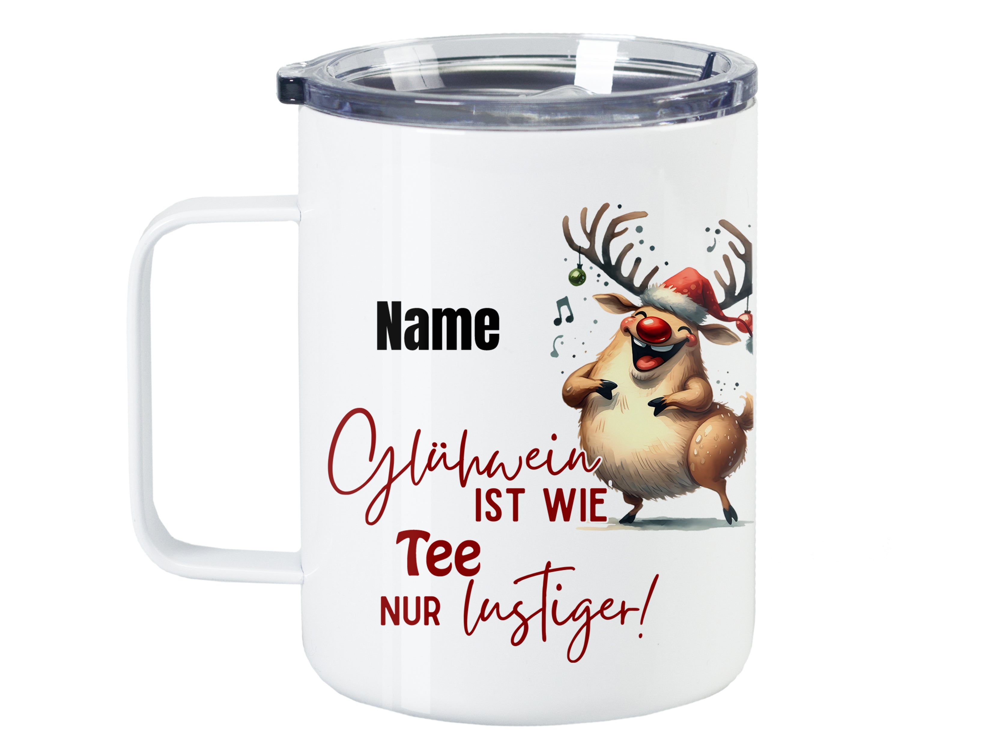 Weißer Becher mit lustigem Rentier-Motiv und Spruch.