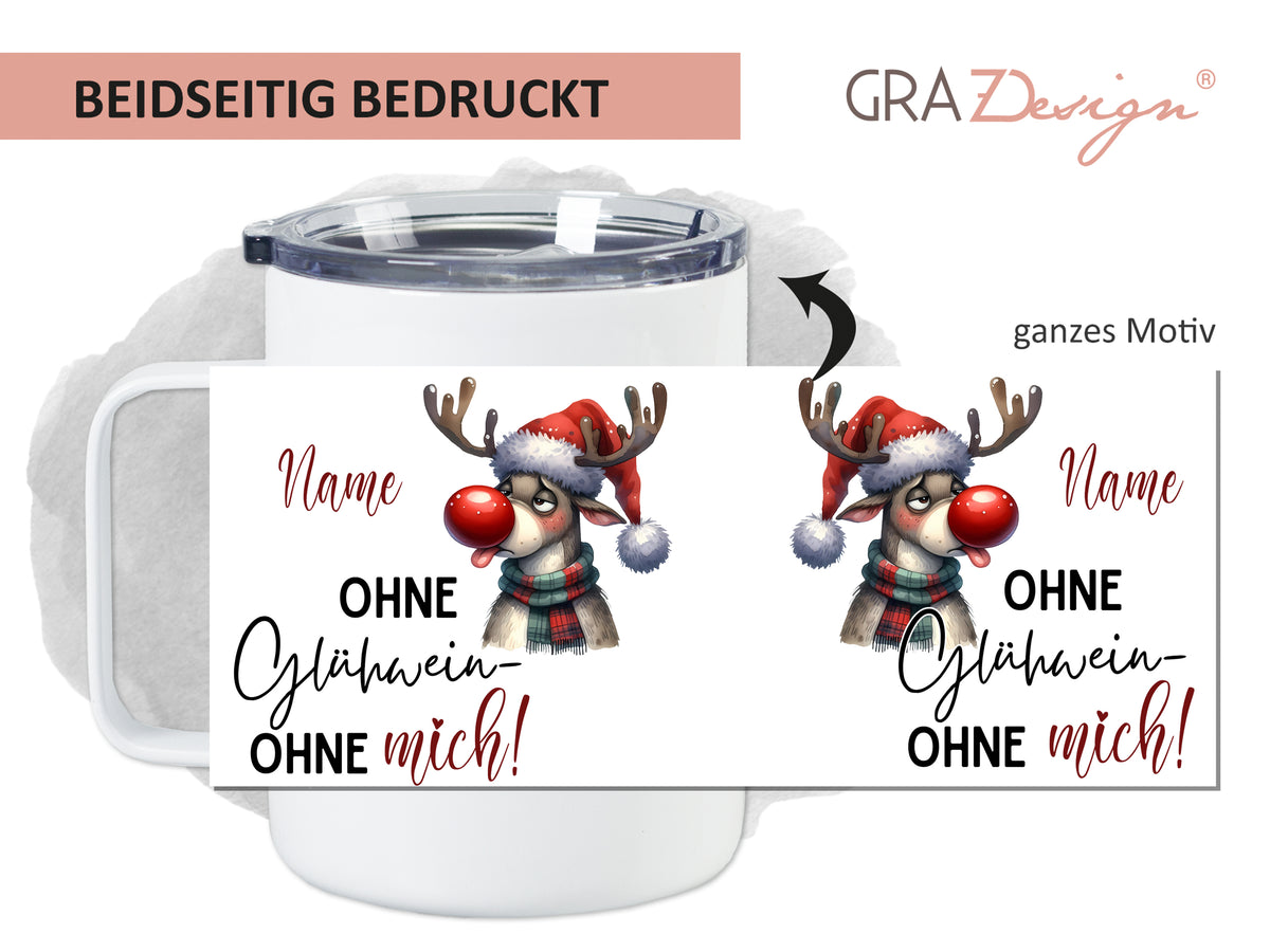 Becher mit Weihnachtsmotiv, Rentier, rot und weiß, beidseitig bedruckt.