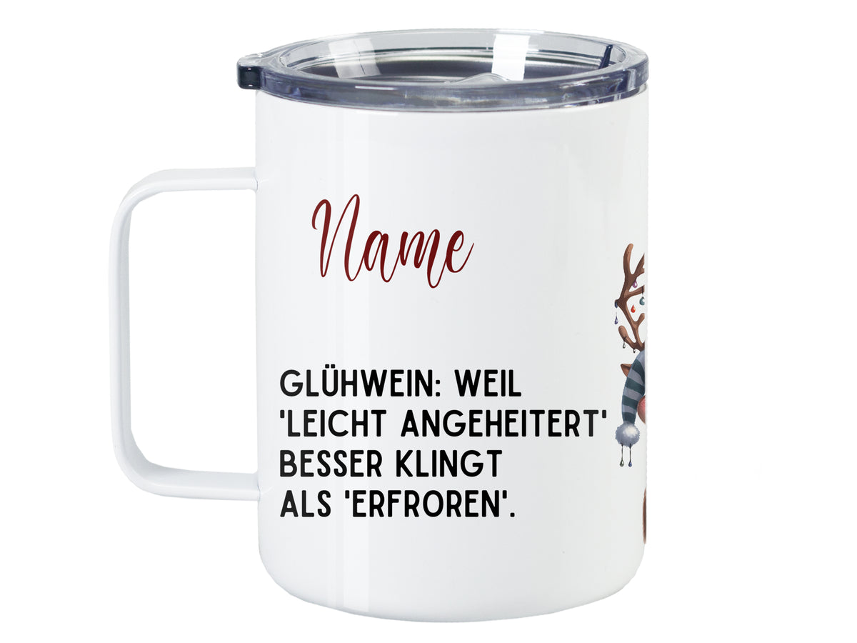 Tasse in Weiß mit lustigem Glühwein-Spruch und Namen.