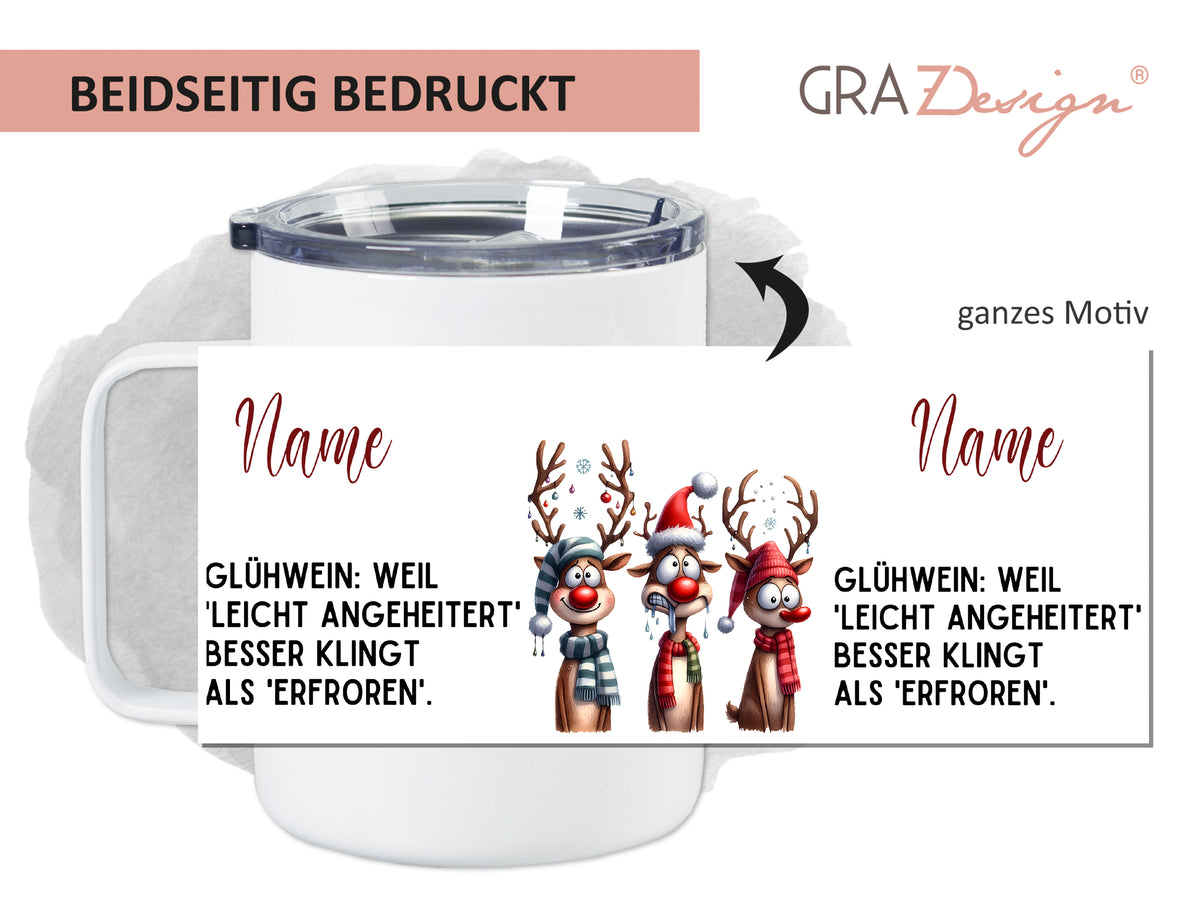 Becher mit Weihnachtsmotiven, rot und braun, beidseitig bedruckt.