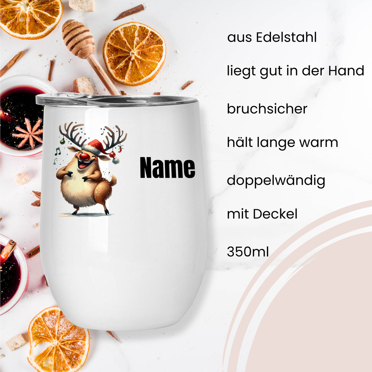 Edelstahlbecher mit Weihnachtsrentier-Motiv, 350ml, bruchsicher.