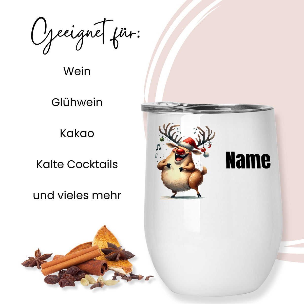 Weißer Becher mit Rentier-Motiv für Getränke.