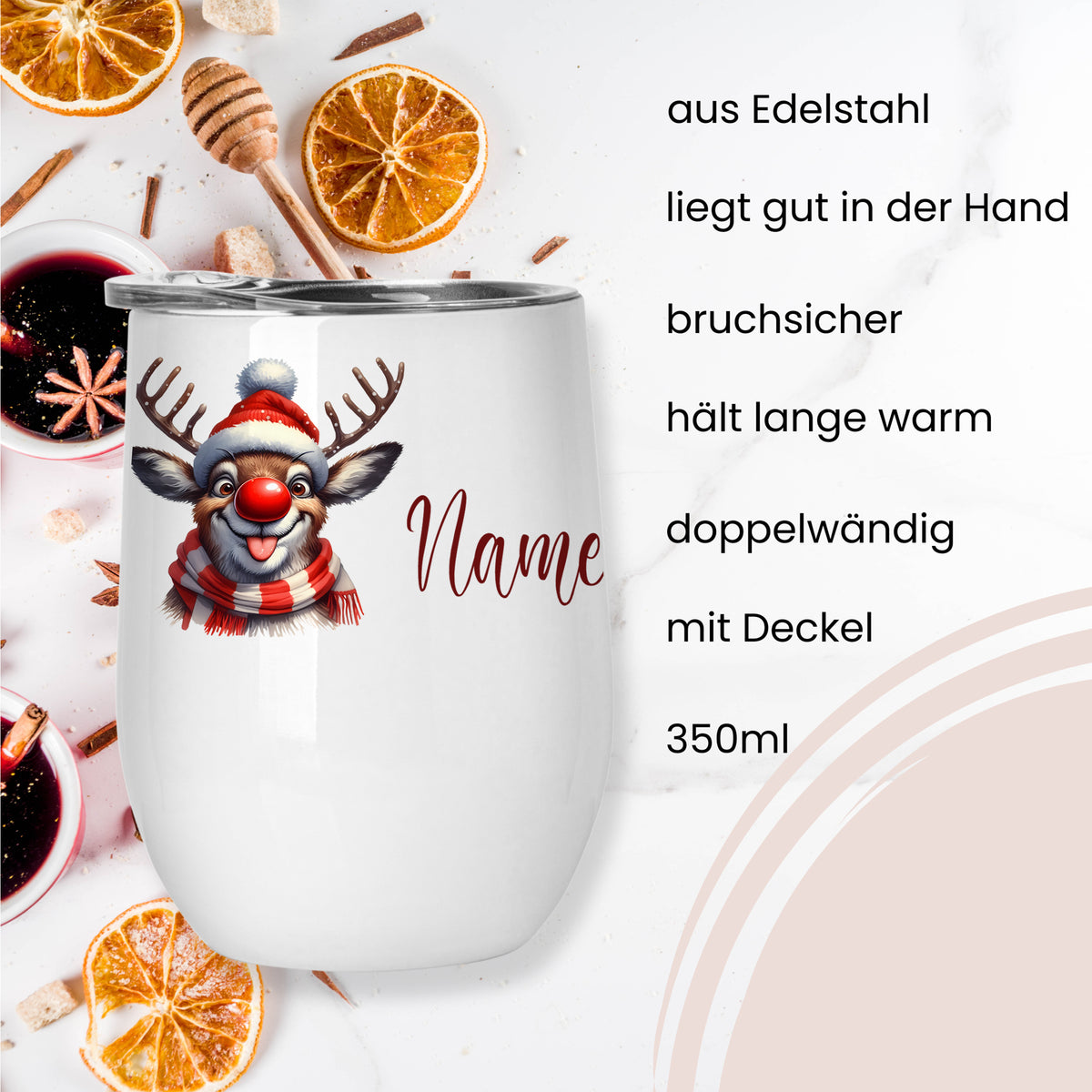 Edelstahlbecher mit Rentier-Motiv, 350ml, bruchsicher.