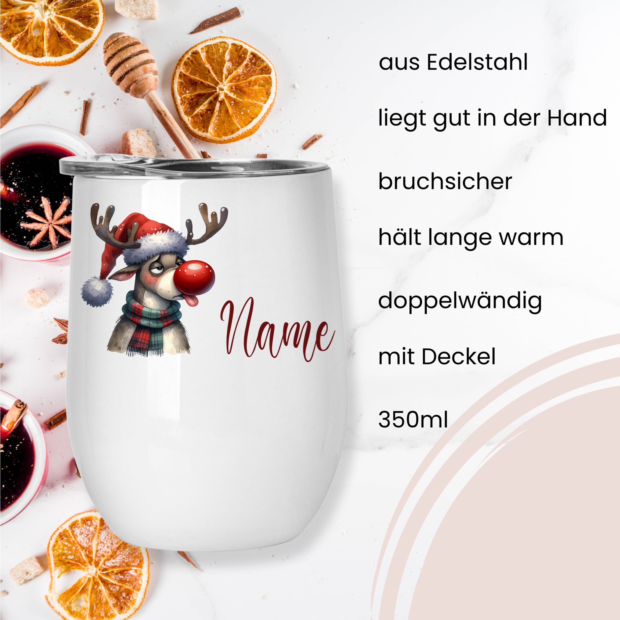Edelstahlbecher mit Rentiermotiv, doppelwandig, 350ml.