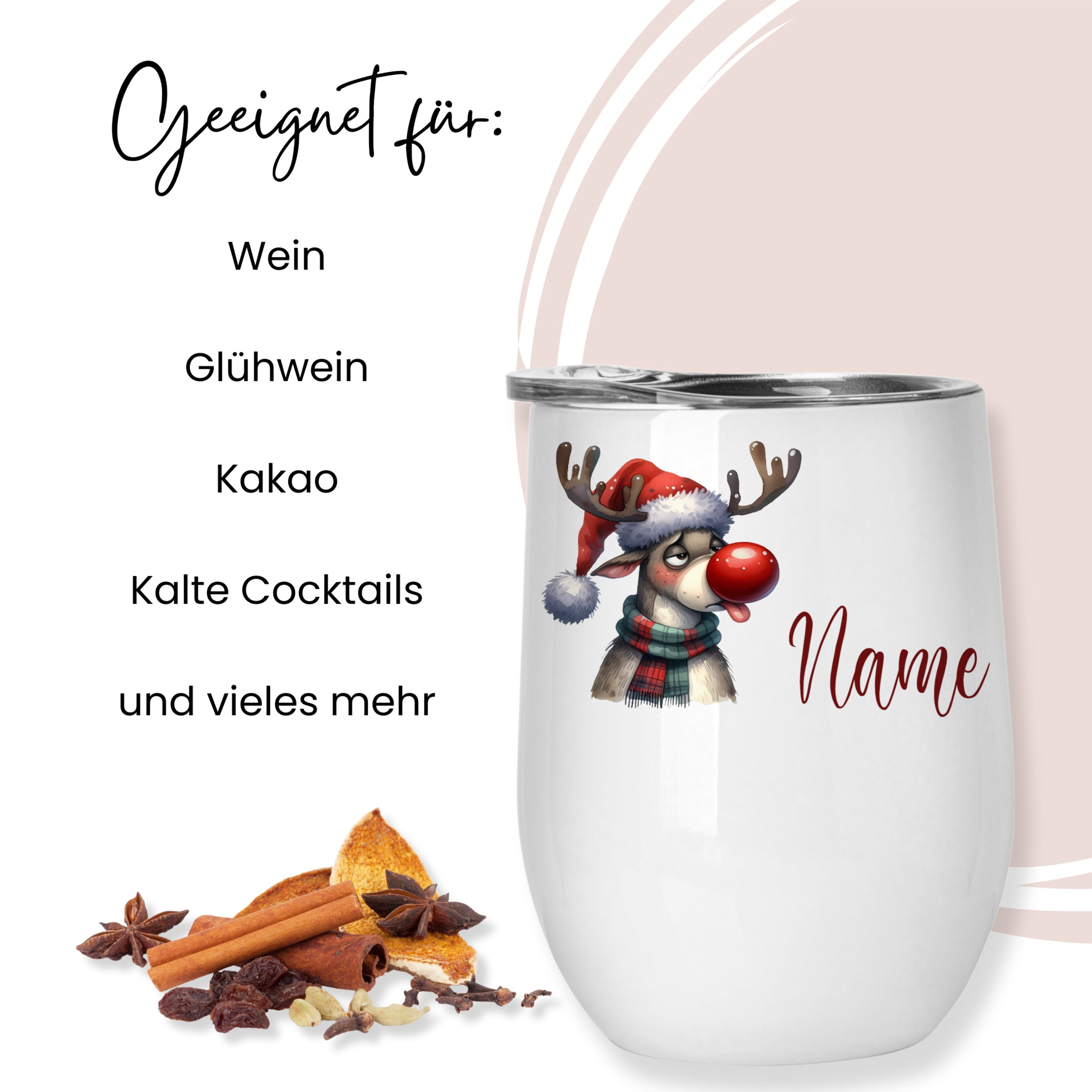 Weißer Becher mit Rentier-Motiv und personalisierbarem Namen.