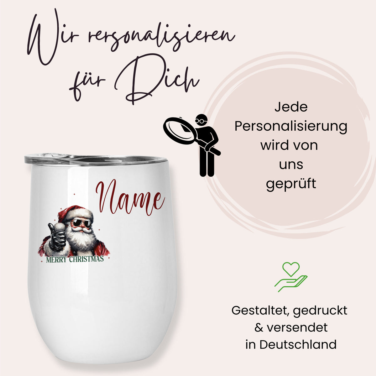 Weißer Becher mit Weihnachtsmann-Motiv und personalisierbarem Namen.