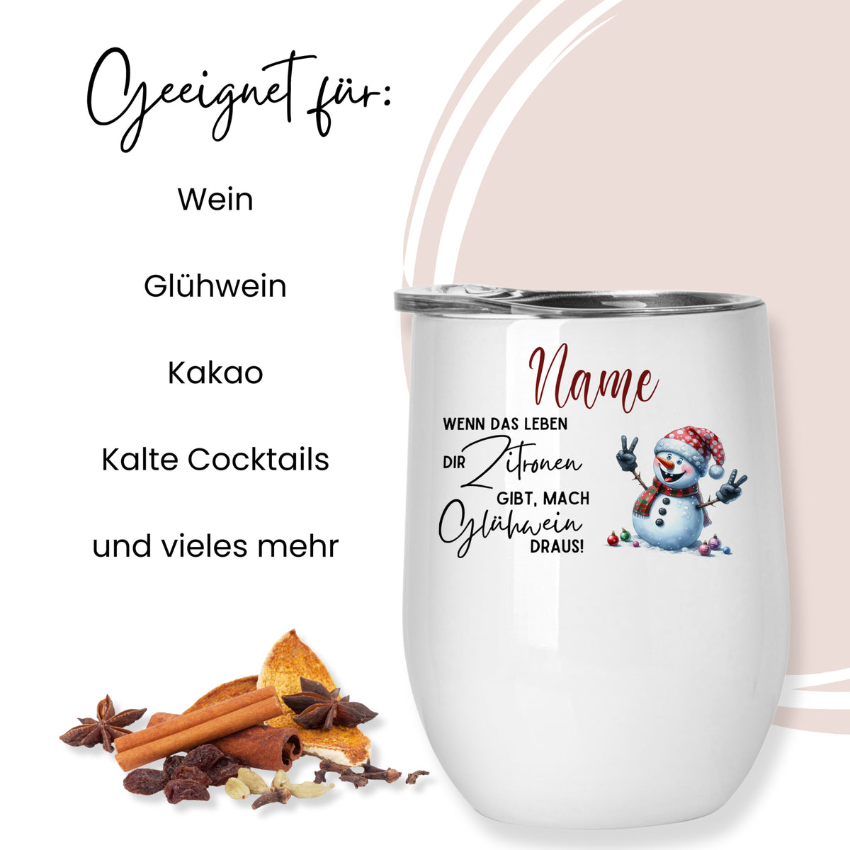 Weißer Becher mit Schneemann-Motiv und personalisierbarem Text.