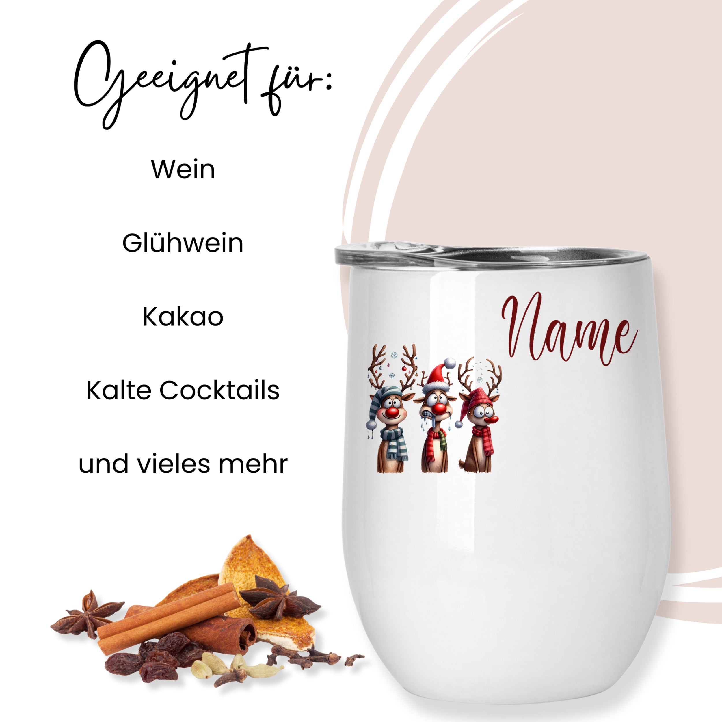 Weißer Becher mit Weihnachtsmotiven und personalisierbarem Namen.