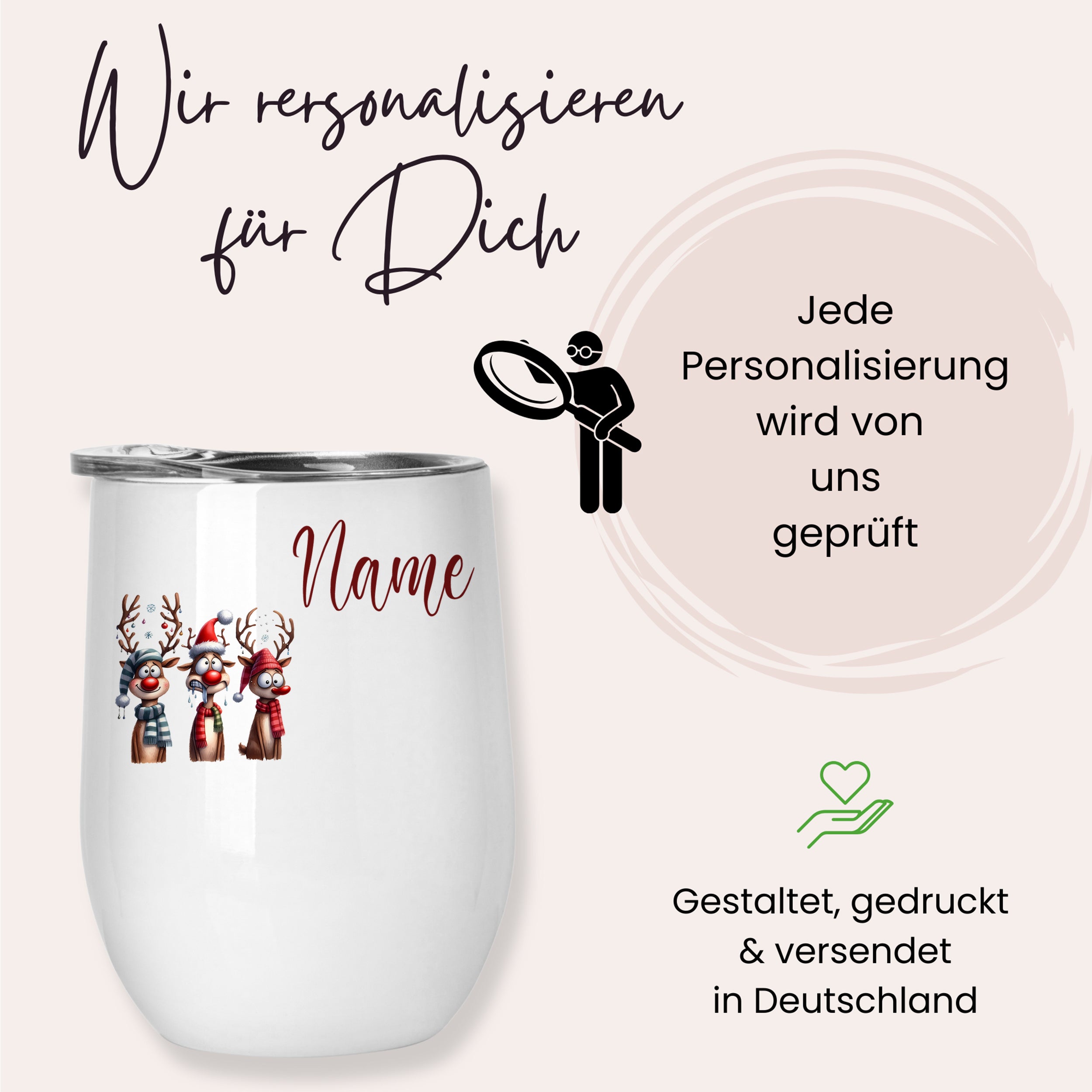 Personalisierbarer weißer Becher mit Rentier-Motiv.