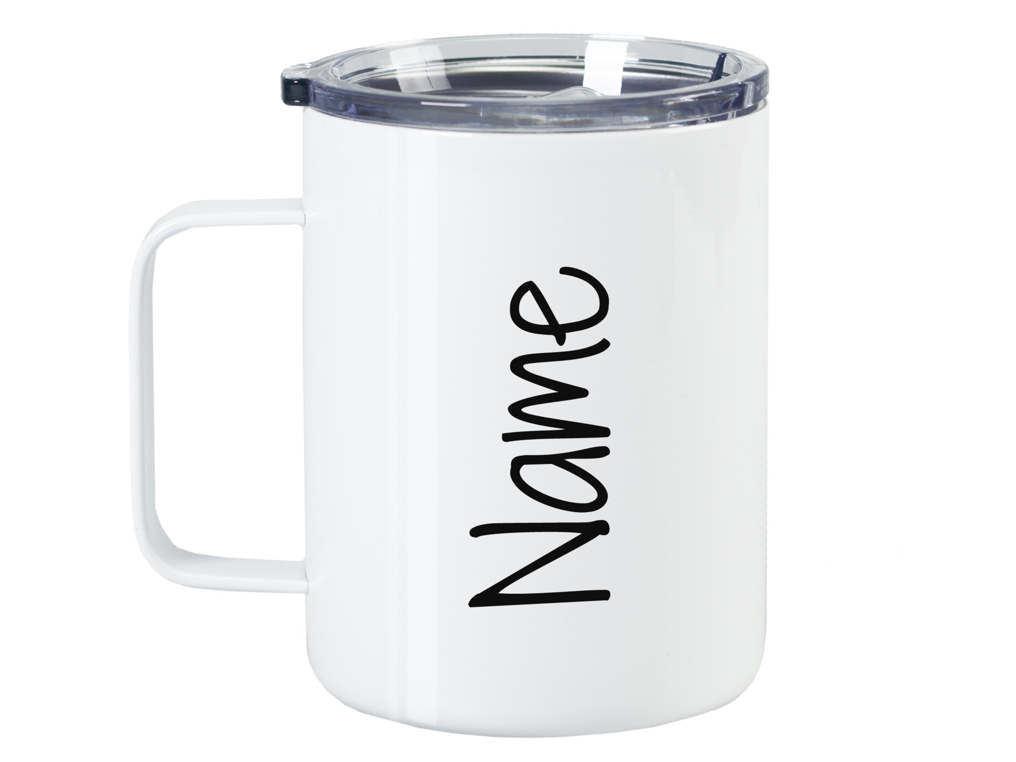 Weißer Becher mit schwarzer Schrift "Name" und Deckel.