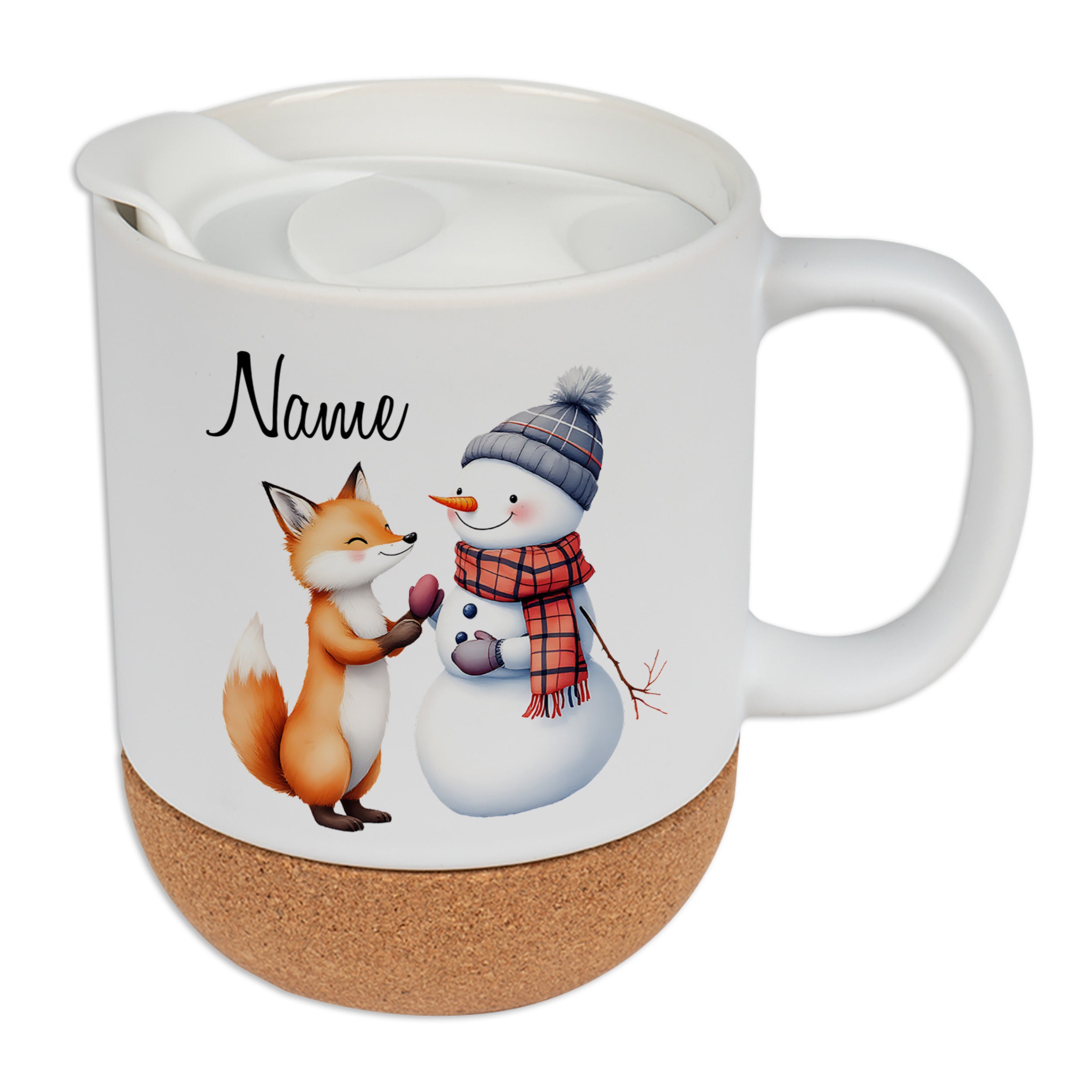 Kaffeebecher mit Fuchs und Schneemann, weiß mit Korkboden.