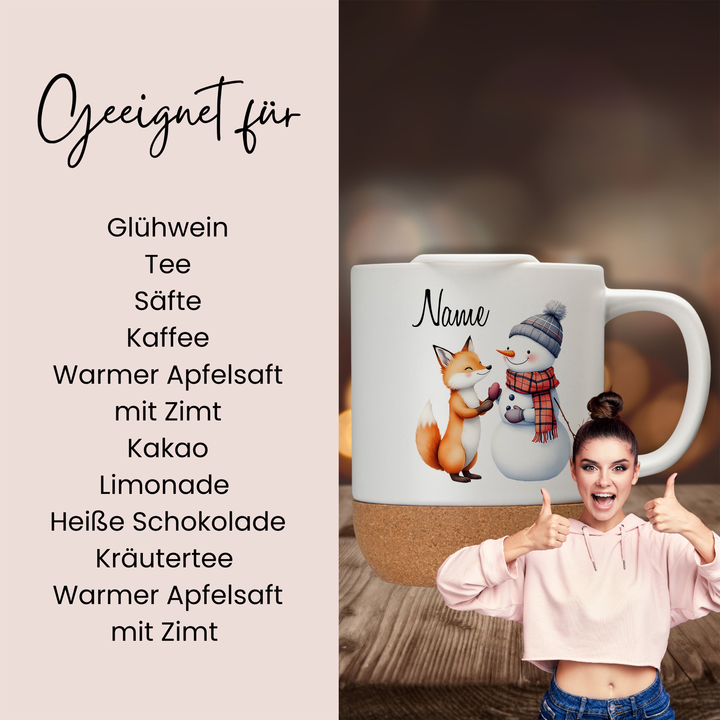 Tasse mit Schneemann und Fuchs, beige, für heiße Getränke.