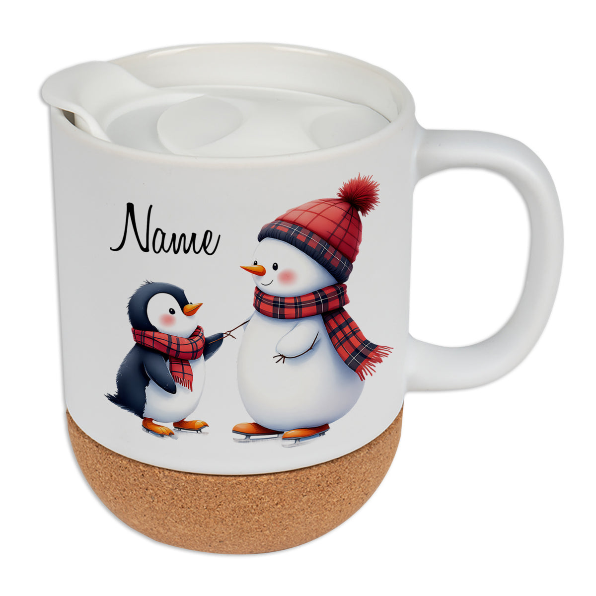 Tasse mit Pinguin- und Schneemann-Motiv, weiß mit Korkboden.