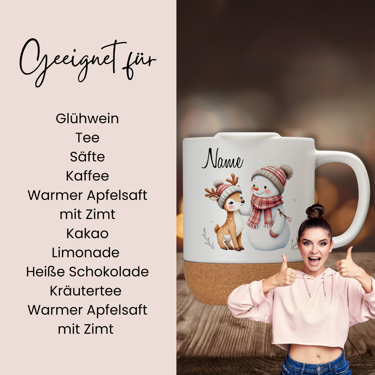 Tasse mit Schneemann-Design, beige, für heiße Getränke.
