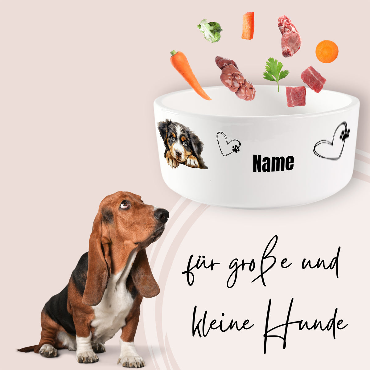 Hunde-Napf mit Namen, Gemüse und Fleischstücken, weiß.