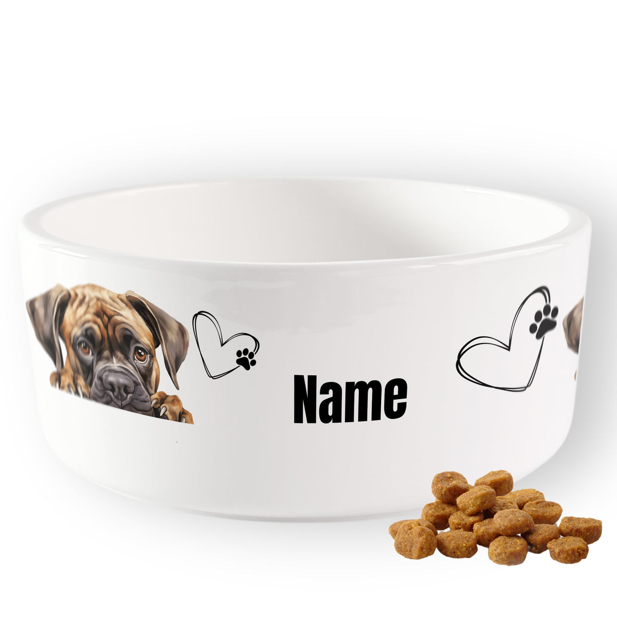 Hunde-Napf in Weiß mit Hundemotiv und personalisierbarem Namen.