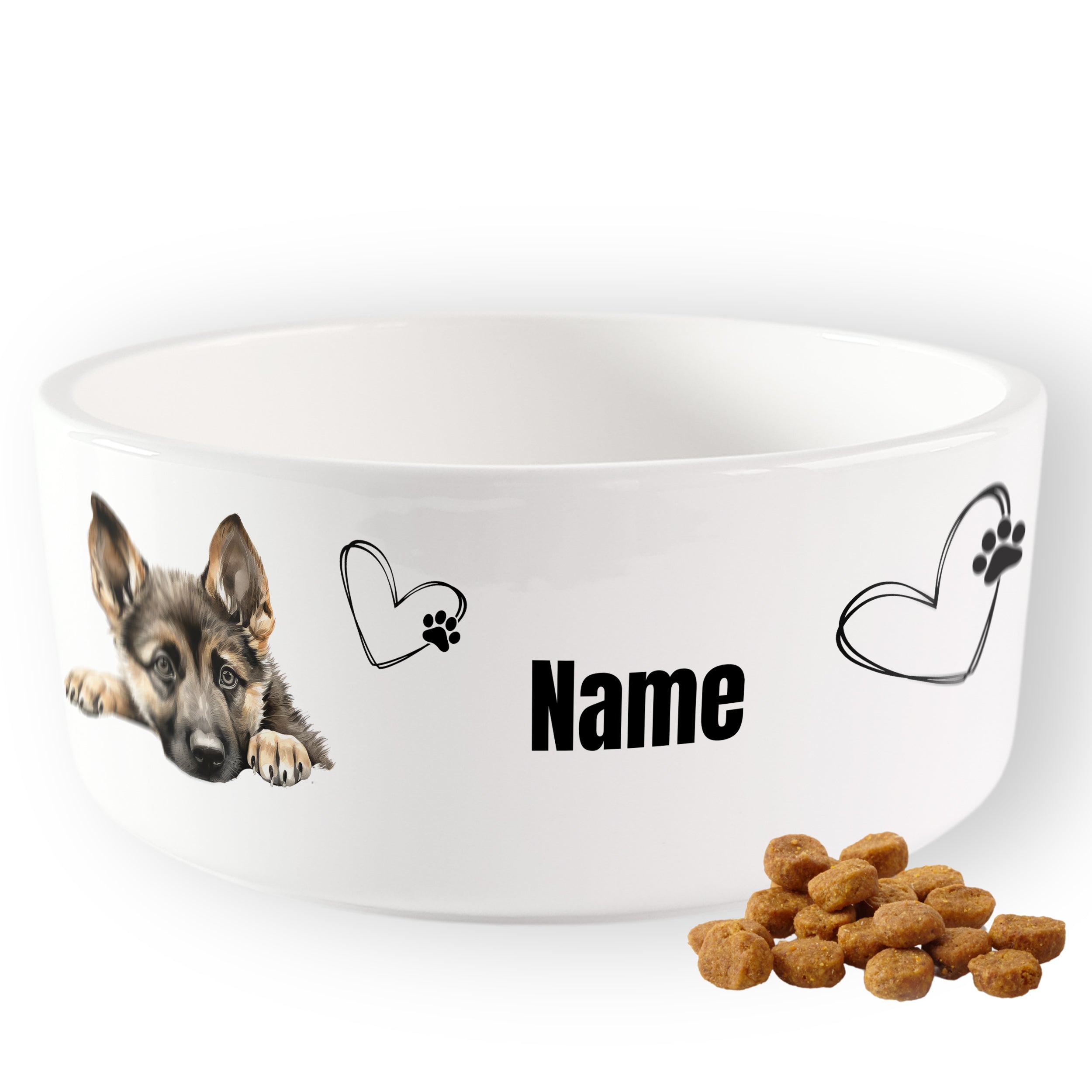 Hunde-Napf in Weiß mit Welpenmotiv und personalisierbarem Namen.