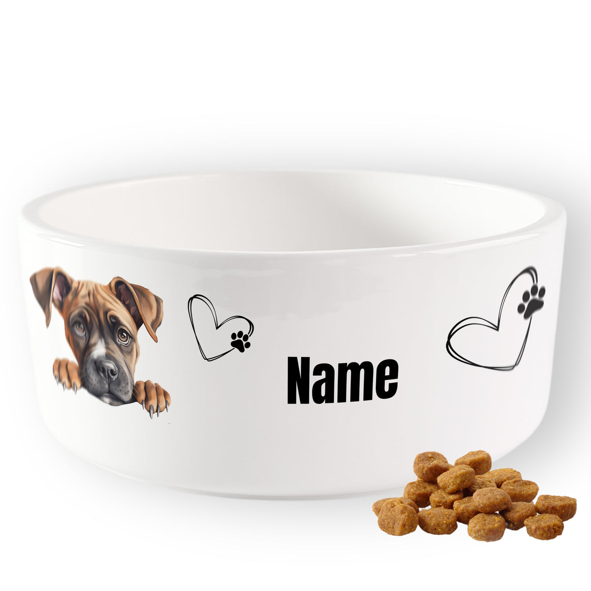 Hunde-Napf in Weiß mit Hundemotiv und personalisierbarem Namen.