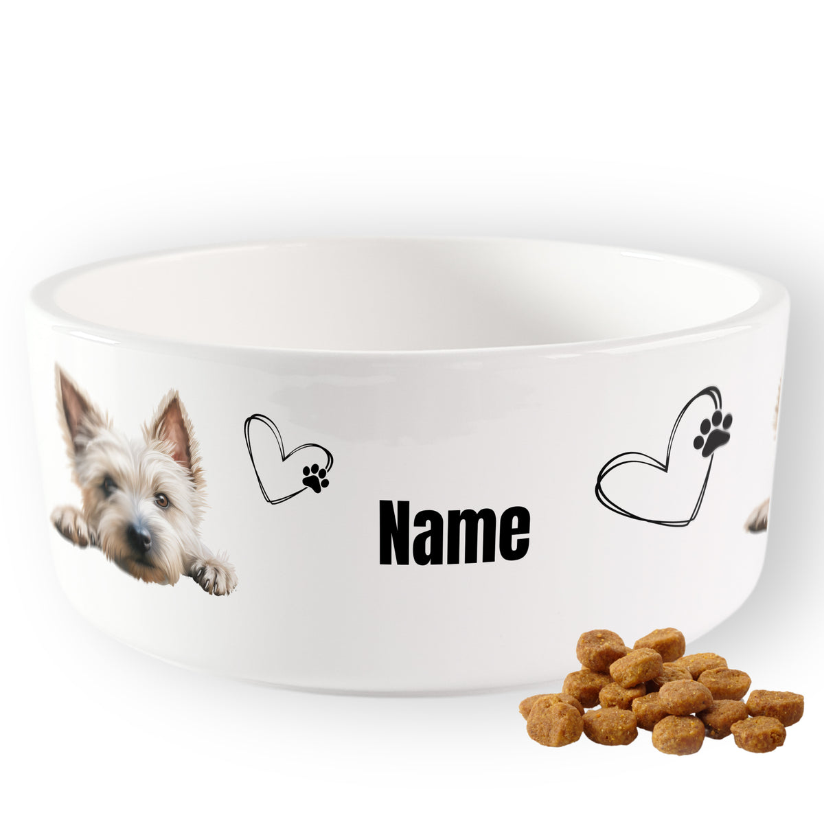 Weiße Hundeschüssel mit personalisiertem Namen und Tiermotiven.