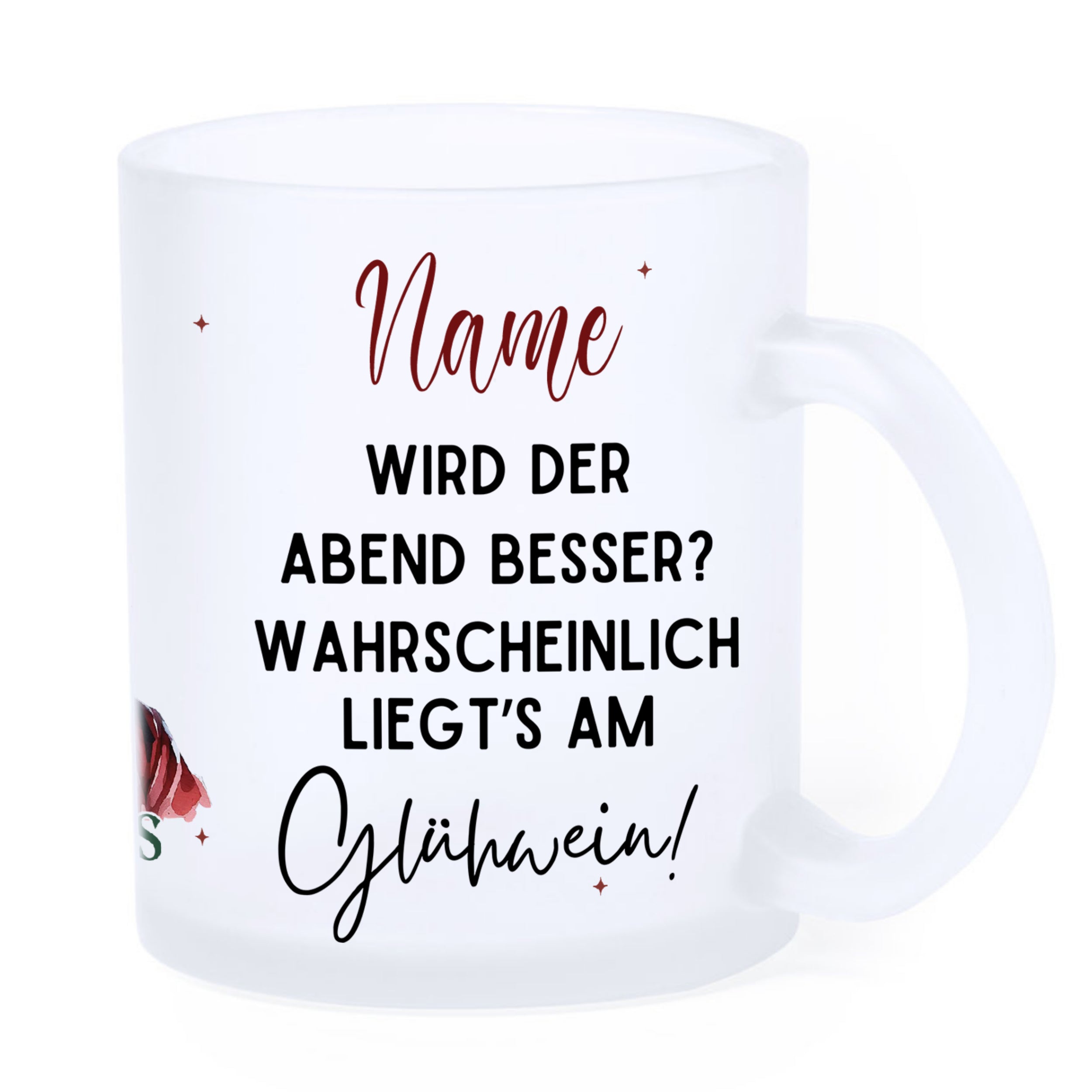 Frosted Glasbecher mit personalisierbarem Text und Weinmotiv.