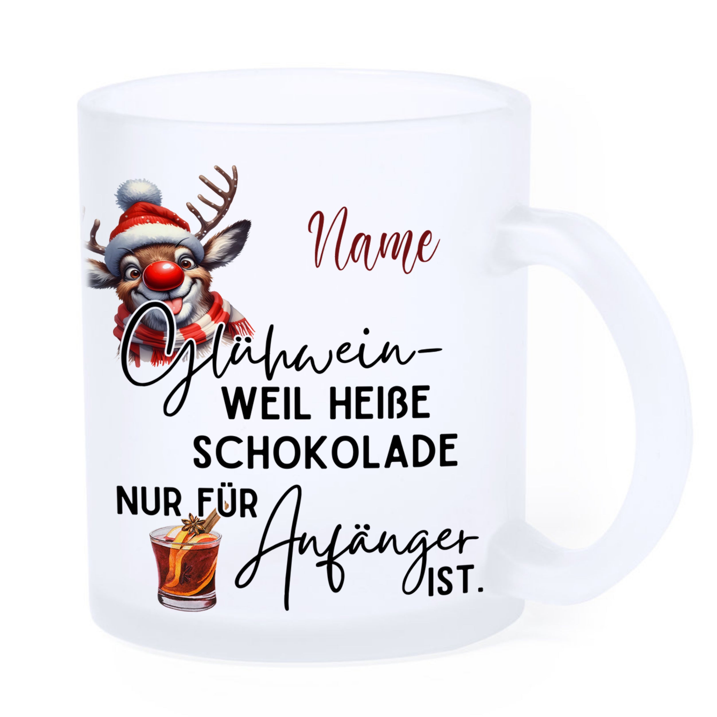 Frostbecher mit Weihnachtsmann-Motiv und schwarzer Schrift.