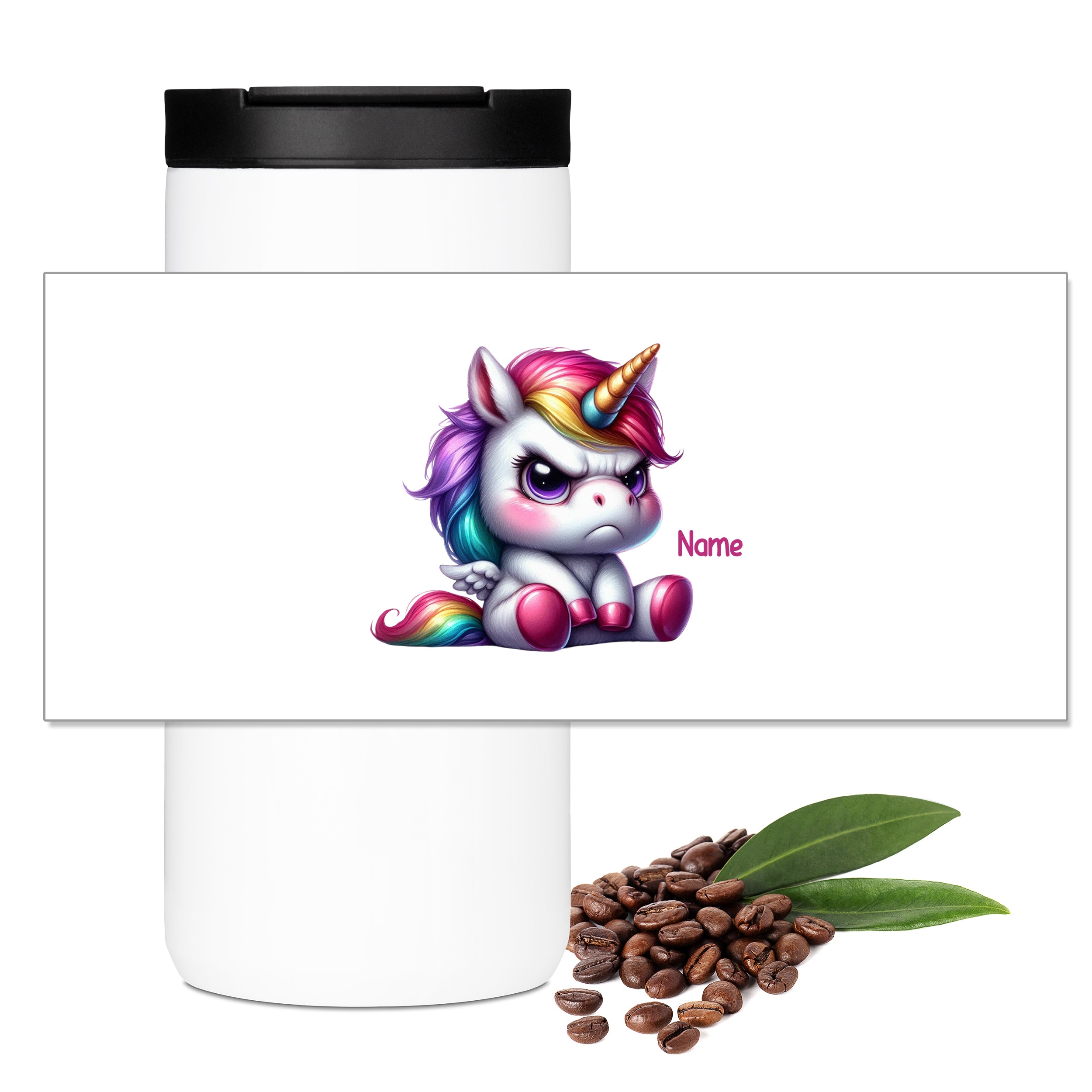 Weißer Kaffeebecher mit buntem Einhorn-Motiv und personalisierbarem Namen.