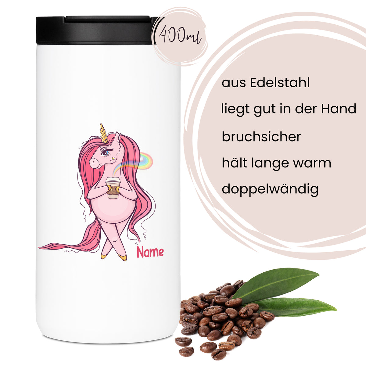 Edelstahl-Thermobecher mit Einhorn-Motiv, 400 ml, bruchsicher.