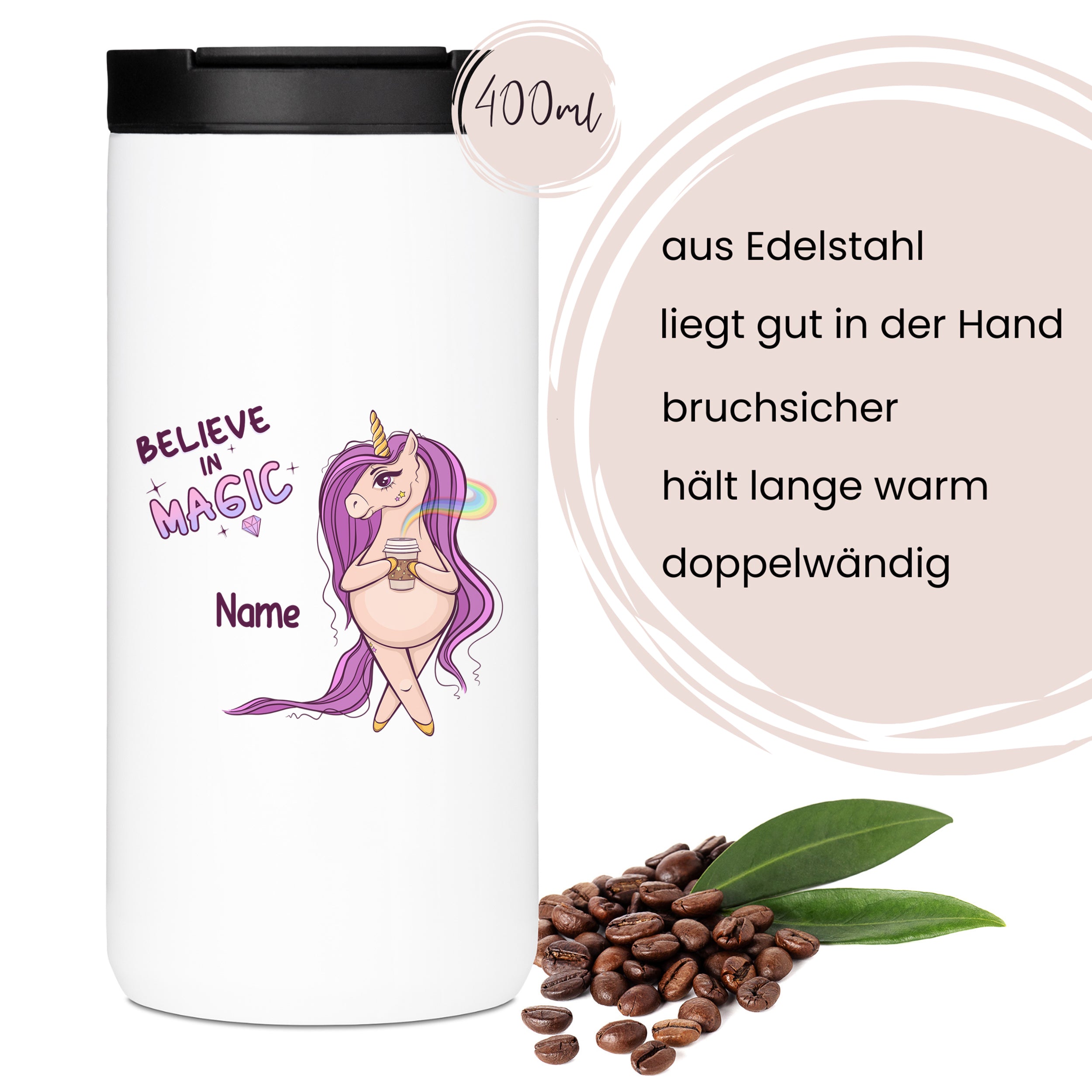 Edelstahlbecher mit Einhorn-Design, 400 ml, bruchsicher.