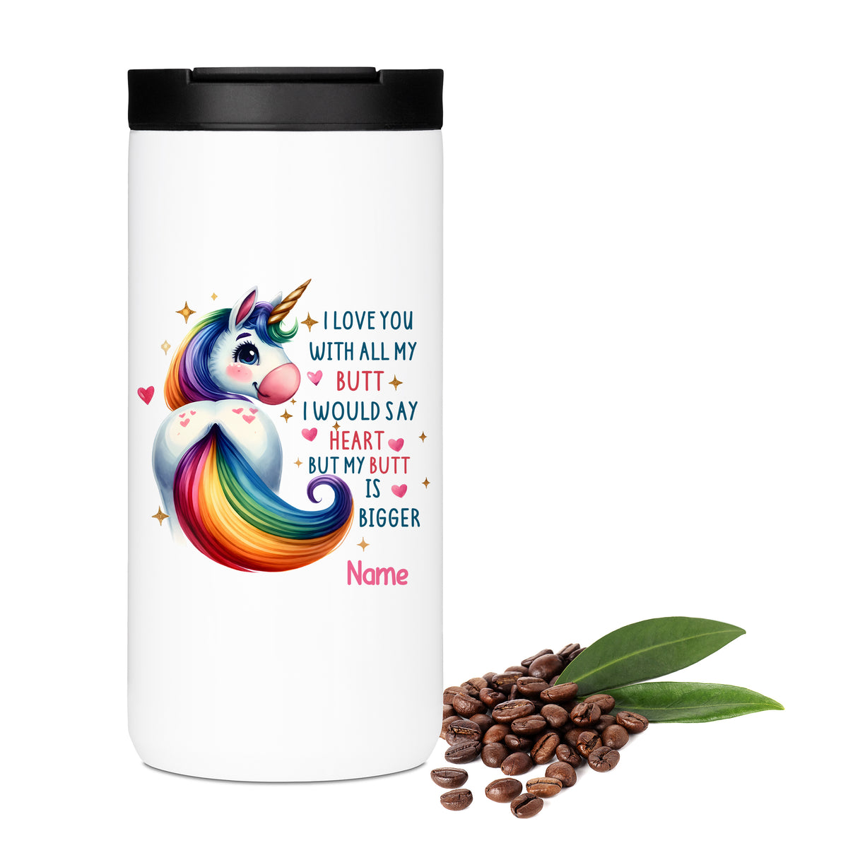 Weißer Kaffeebecher mit buntem Einhorn und Spruch.