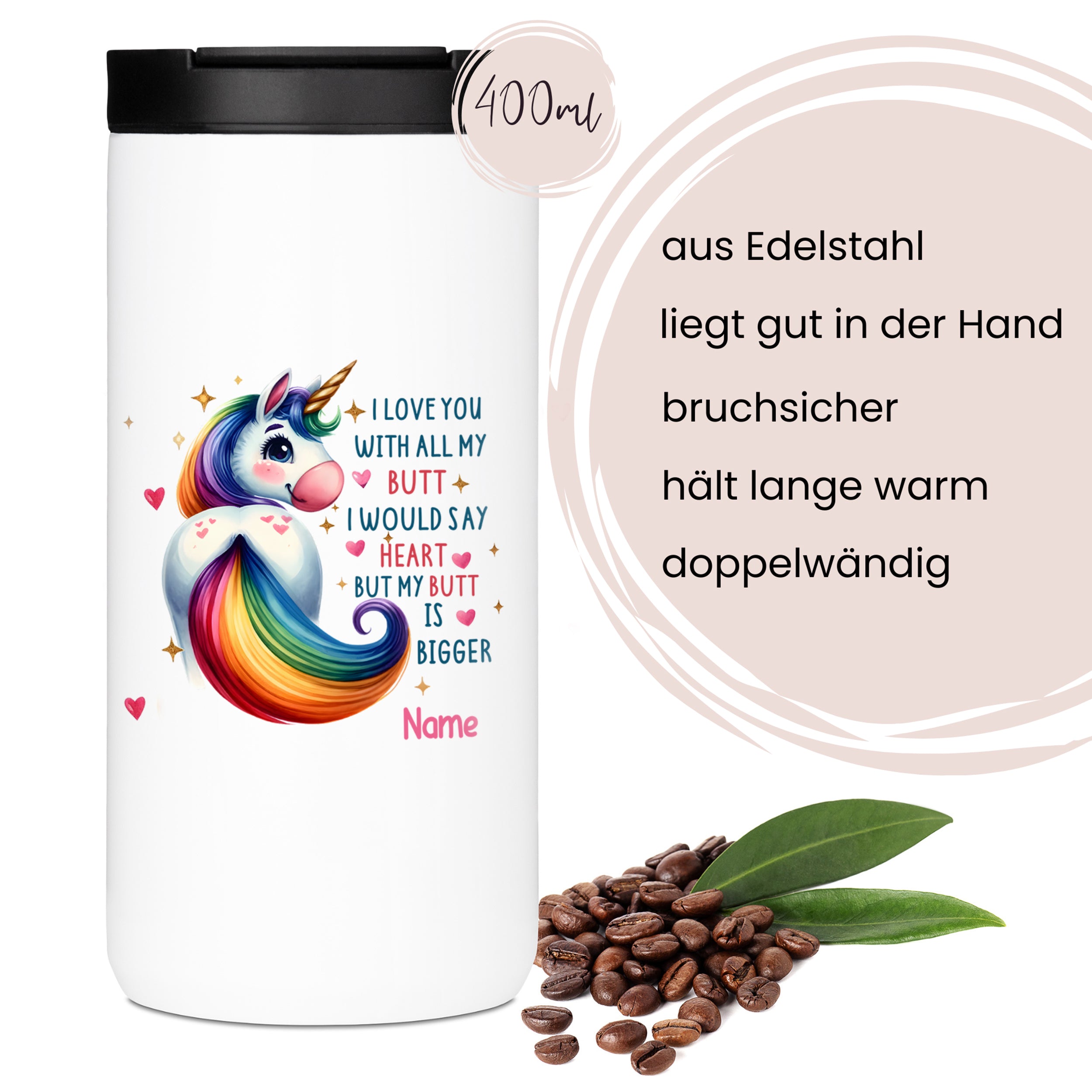 Edelstahl-Thermobecher mit Einhorn-Motiv, 400 ml, doppeltwandig.