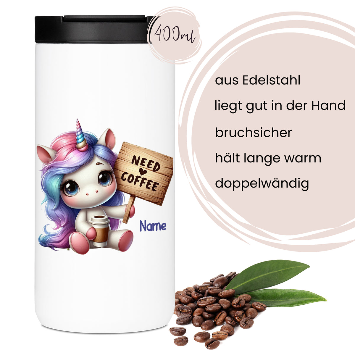 Edelstahlbecher mit Einhorn-Motiv, 400ml, bruchsicher.