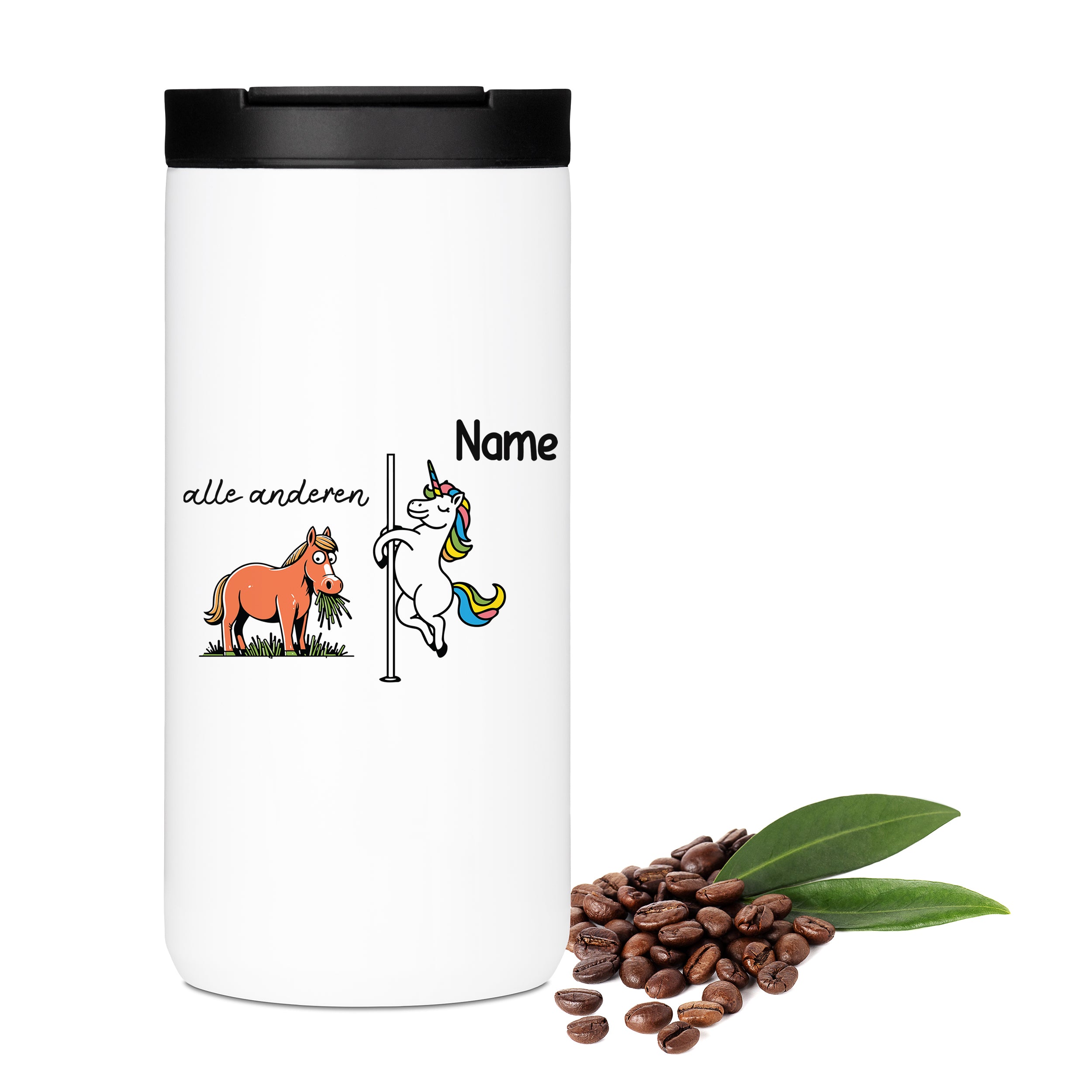 Weißer Kaffeebecher mit Einhorn und Pferd, personalisierbar.